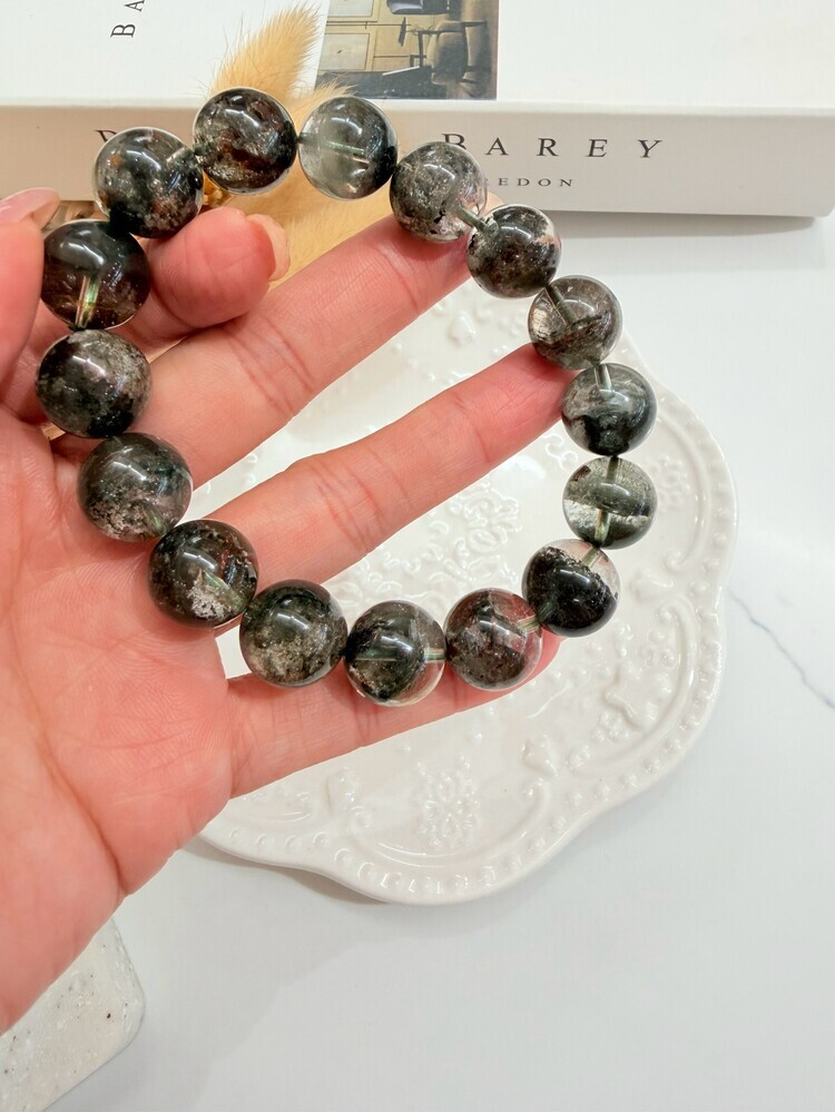 C026-深景綠幽靈手鍊13.5-14mm (B)【18cm，可以調整手圍，多的水晶會一起隨貨寄出】