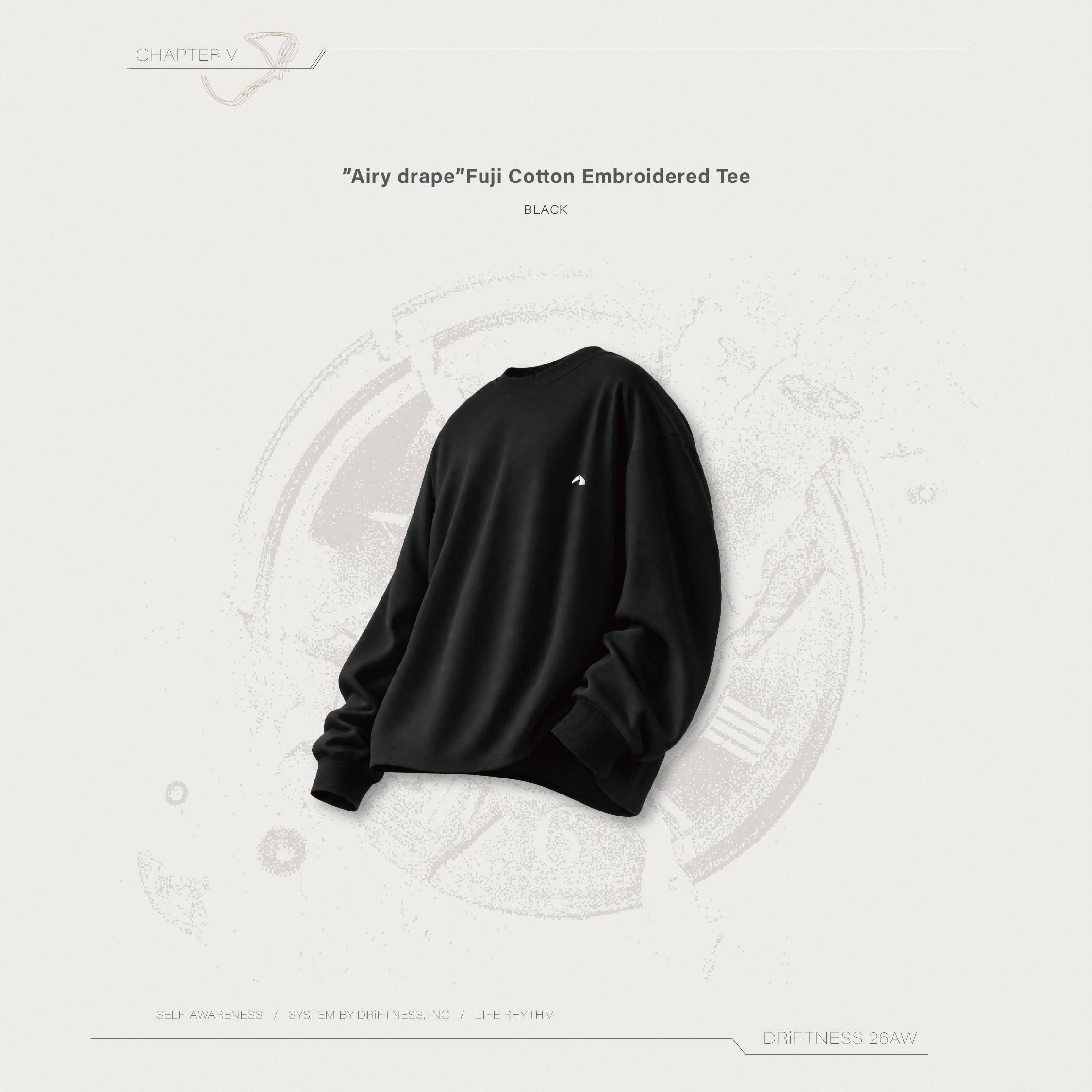 DRiFTNESS｜”Airy drape” 空氣感富士棉刺繡薄長袖-Black