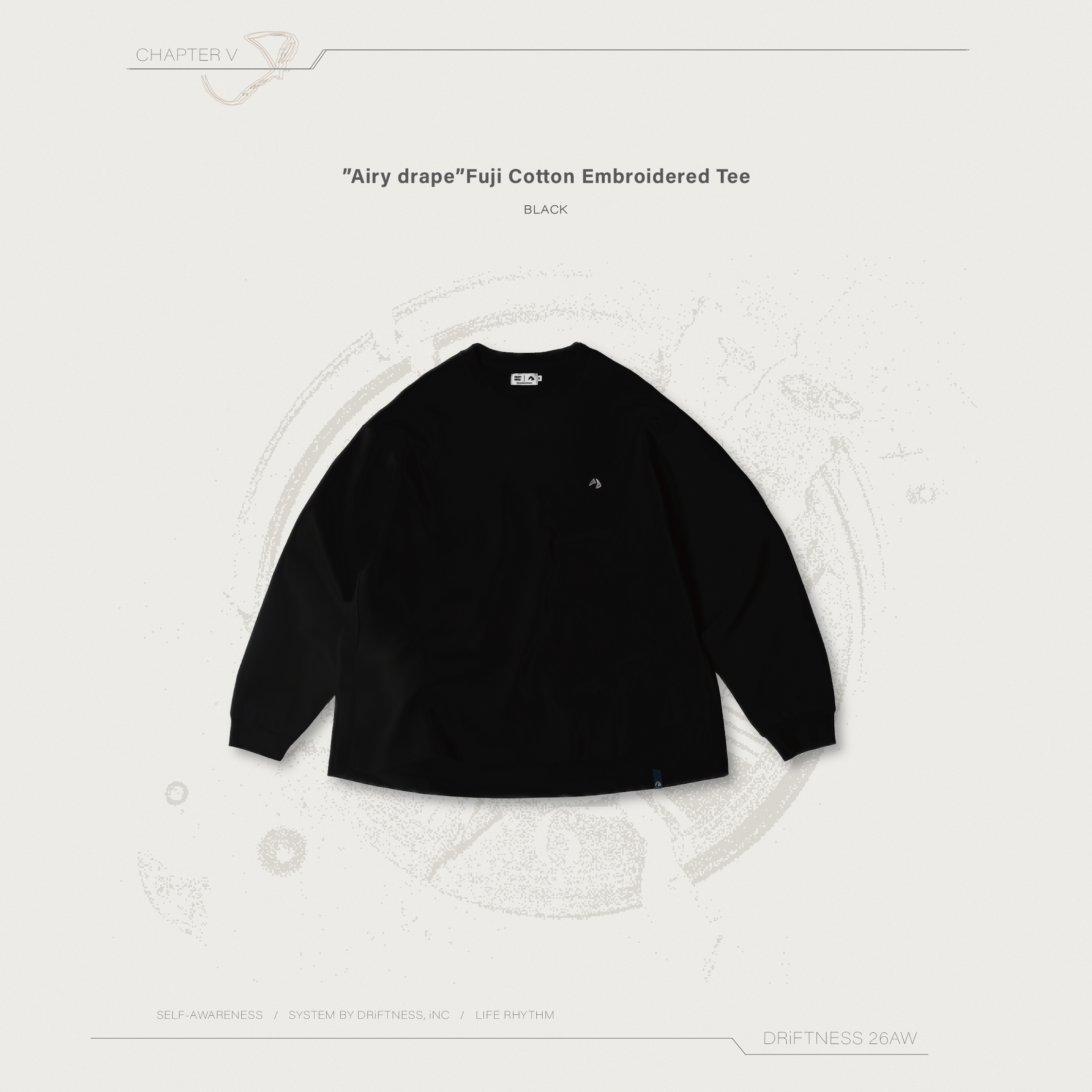DRiFTNESS｜”Airy drape” 空氣感富士棉刺繡薄長袖-Black