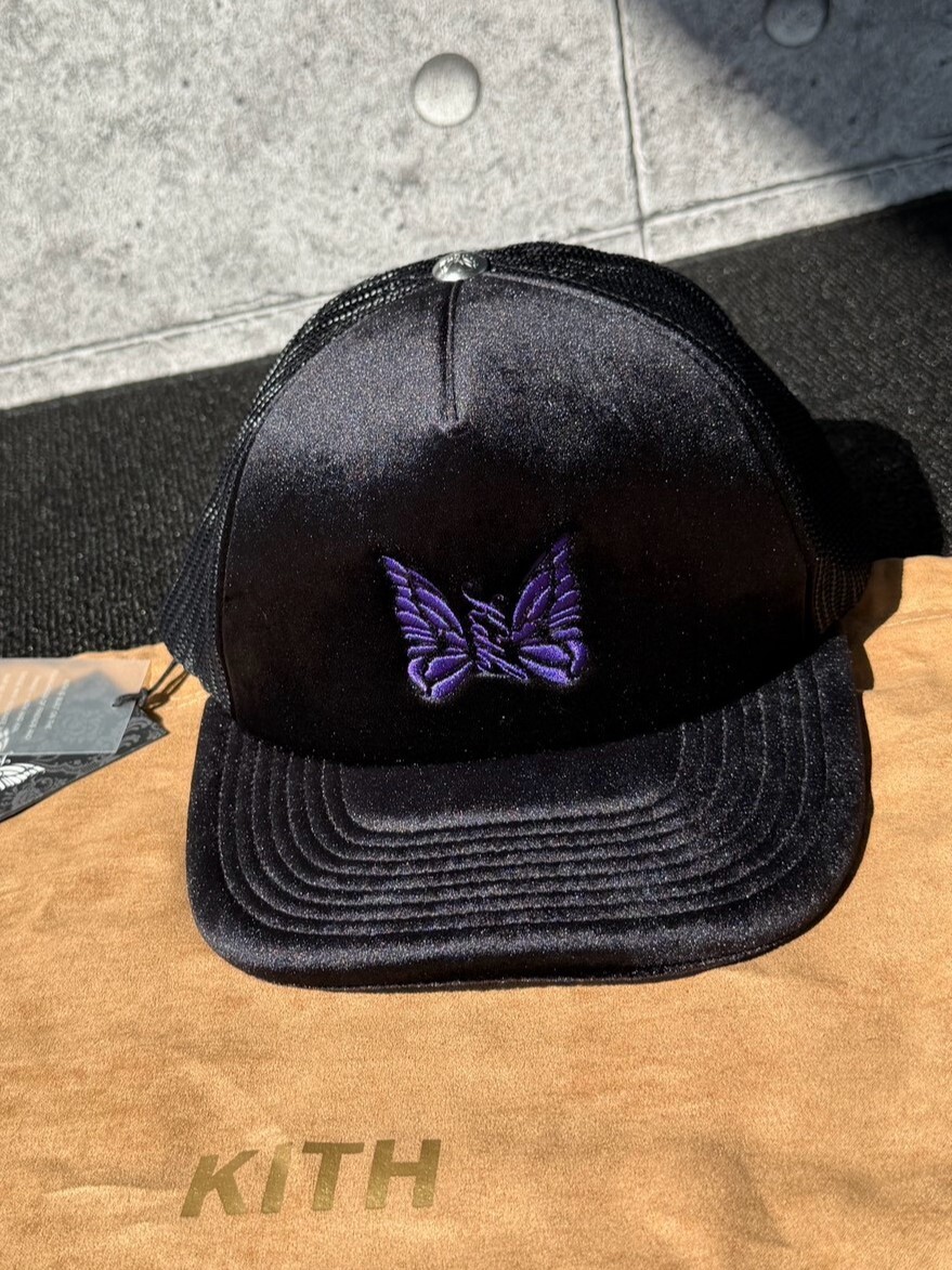 NEEDLES x KITH 聯名限定 黑紫刺繡蝴蝶Logo 天鵝絨網帽
