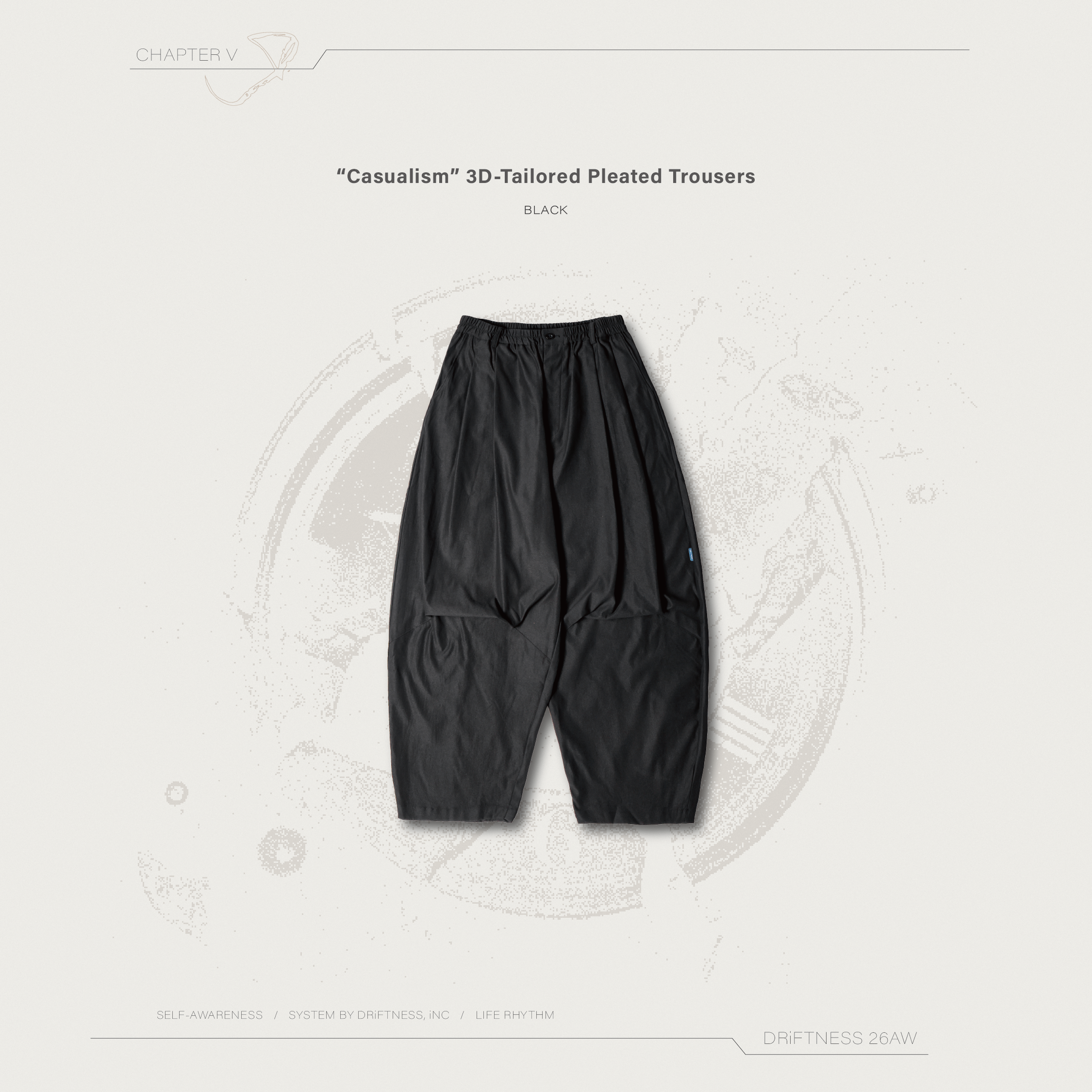 DRiFTNESS｜“Casualism” 防潑水抗皺立體打褶褲 - Black