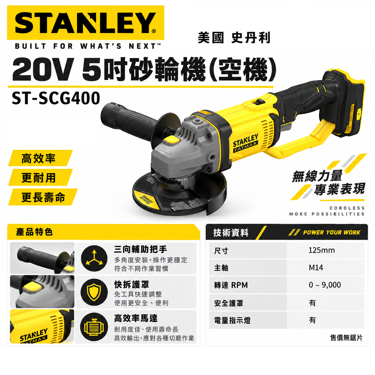 STANLEY 美國 史丹利｜20V 充電式砂輪機 5吋充電砂輪機 新鋰電系統｜空機｜SCG400｜公司貨 SCG400N SCG400B｜ST-SCG400