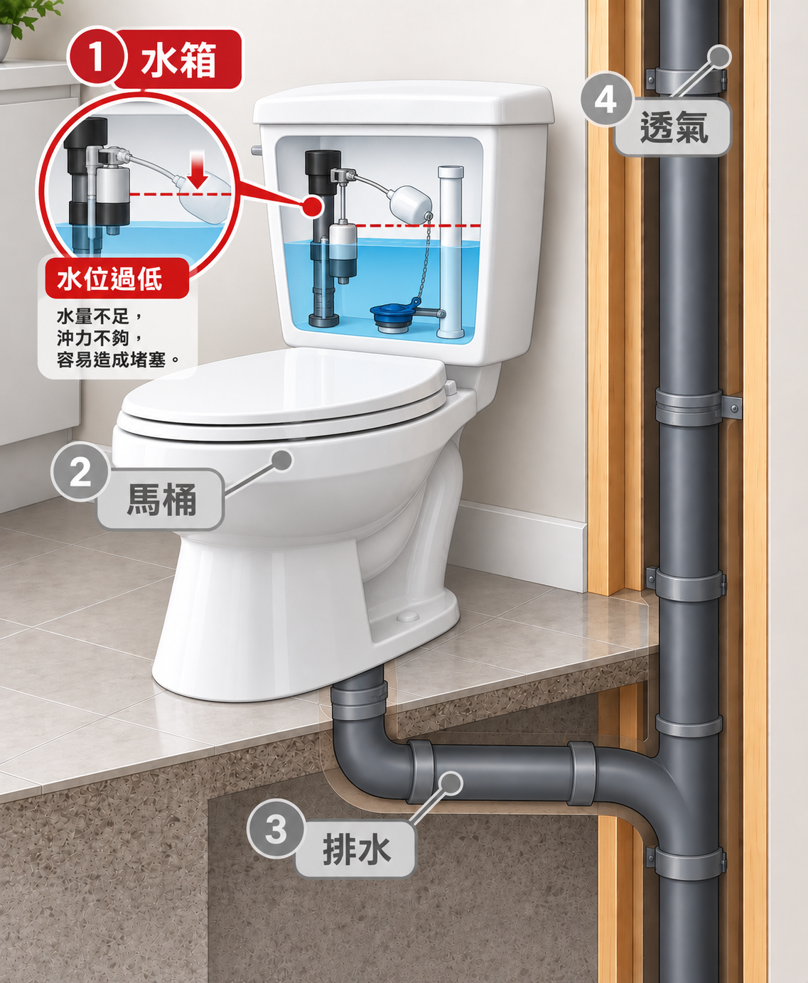 馬桶水箱水位過低,造成沖水量不足