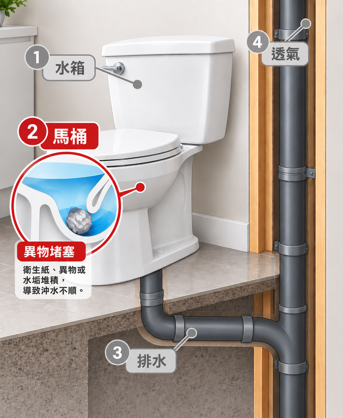 馬桶內部受到衛生紙、異物或水垢阻礙,導致沖水不順