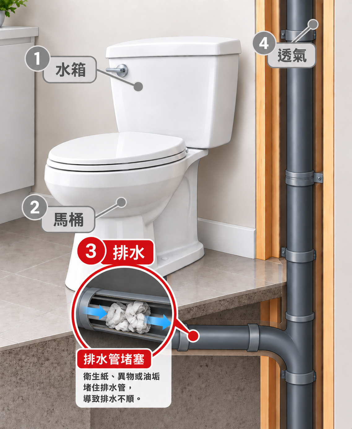 衛生紙、異物或油垢堵住排污管,造成排水不順