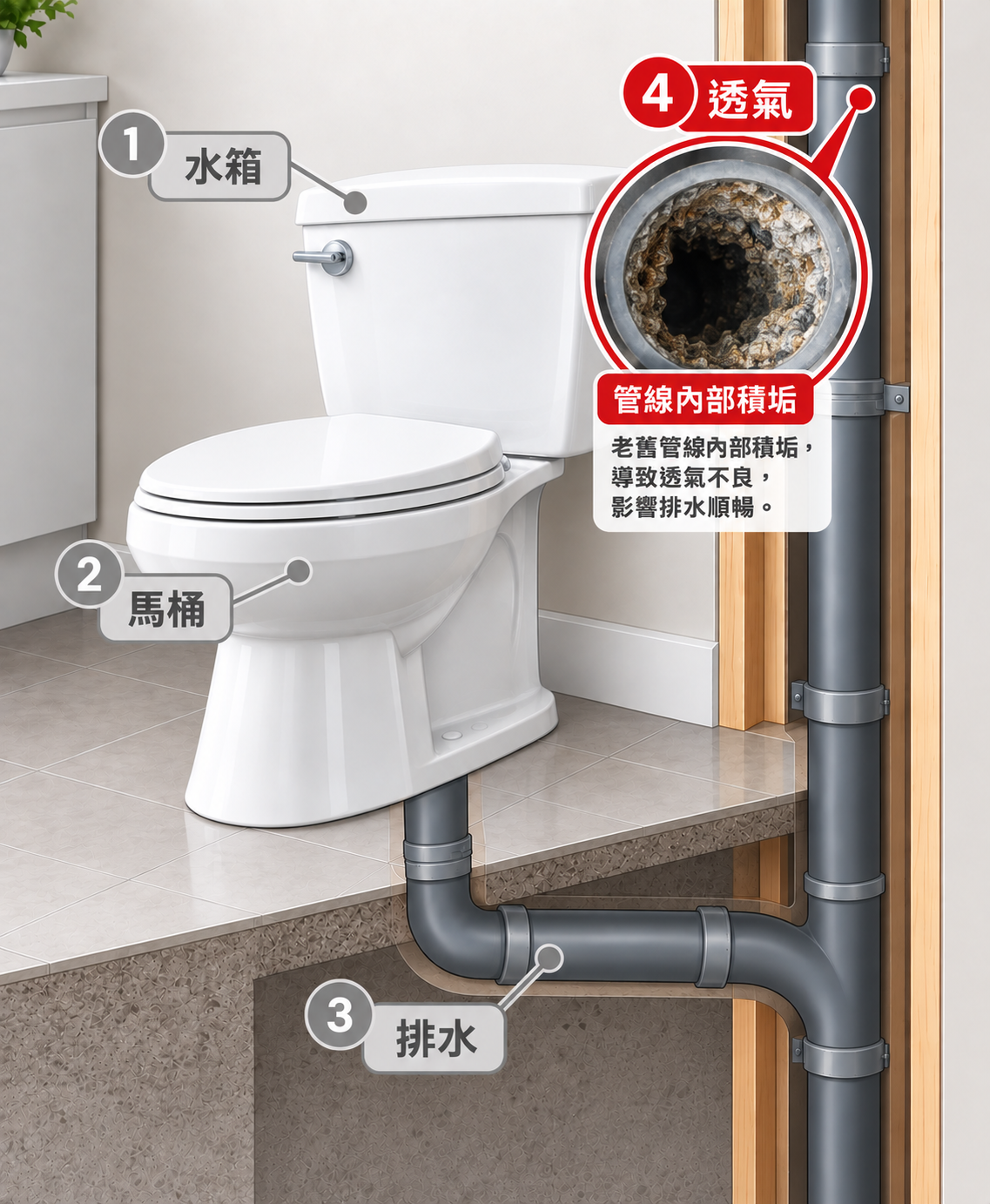 透氣管內部積垢或受阻,影響排水系統的空氣流動