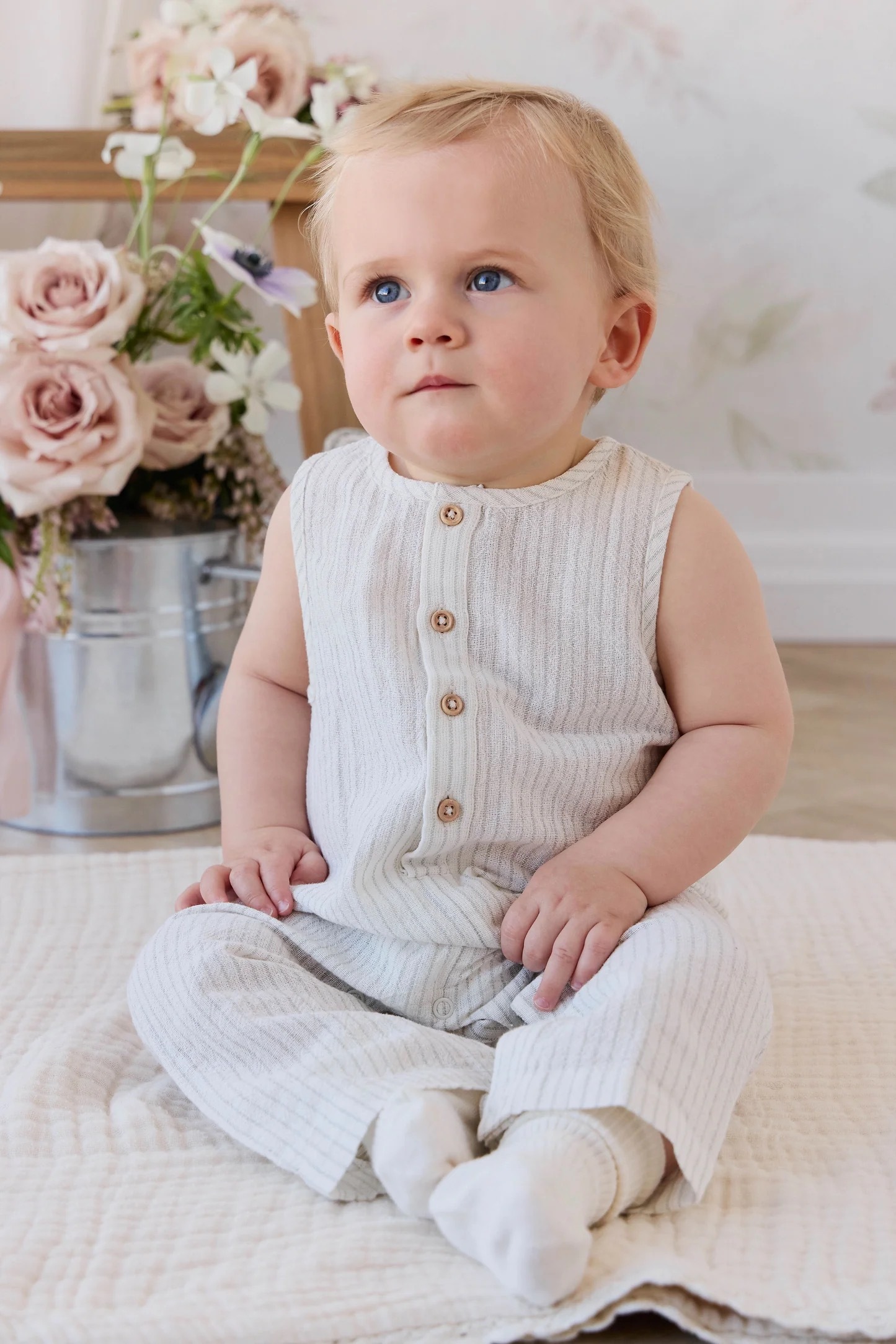 【預購】JAMIE KAY - Organic Cotton Milo Jumpsuit（Mini Pinstripe Cloud/Duck Egg Blue）