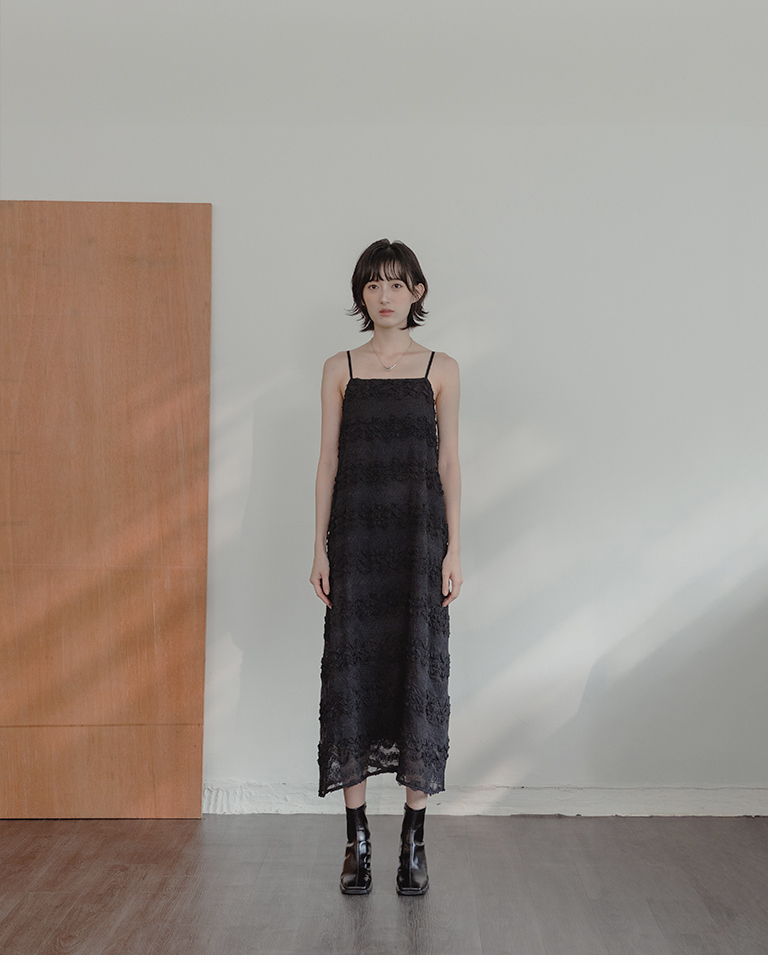 3D Jacquard Patchwork Spaghetti Strap Long Dress - Black【01087381】in stock+pre-order