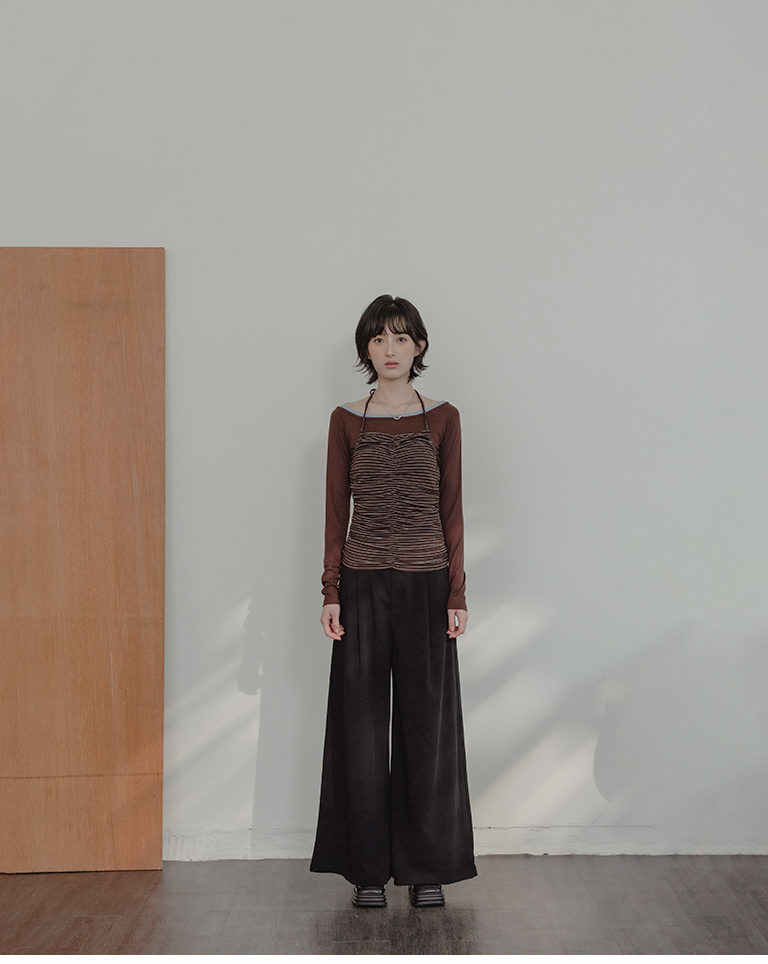Striped, wrinkled, halter-neck fitted vest - coffee【01099889】in stock+pre-order