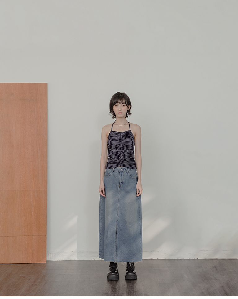 Striped Crinkled Halter-Neck Fitted Tank Top – Dark Blue【01099890】in stock+pre-order