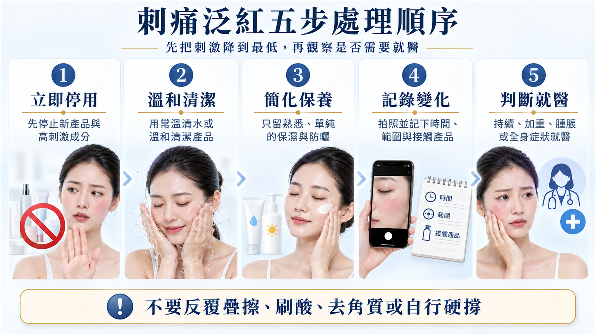 保養品刺痛泛紅後立即停用到判斷就醫的五步處理順序