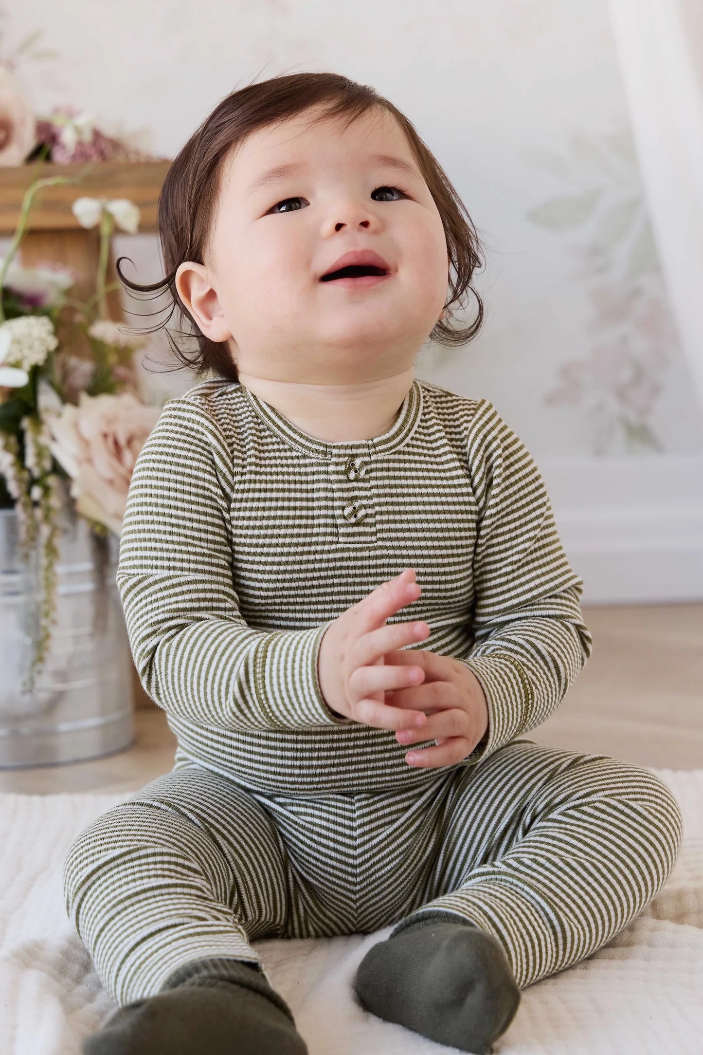 【預購】JAMIE KAY - Organic Cotton Modal Long Sleeve Bodysuit（Petite Stripe Avocado Oil/Cloud）