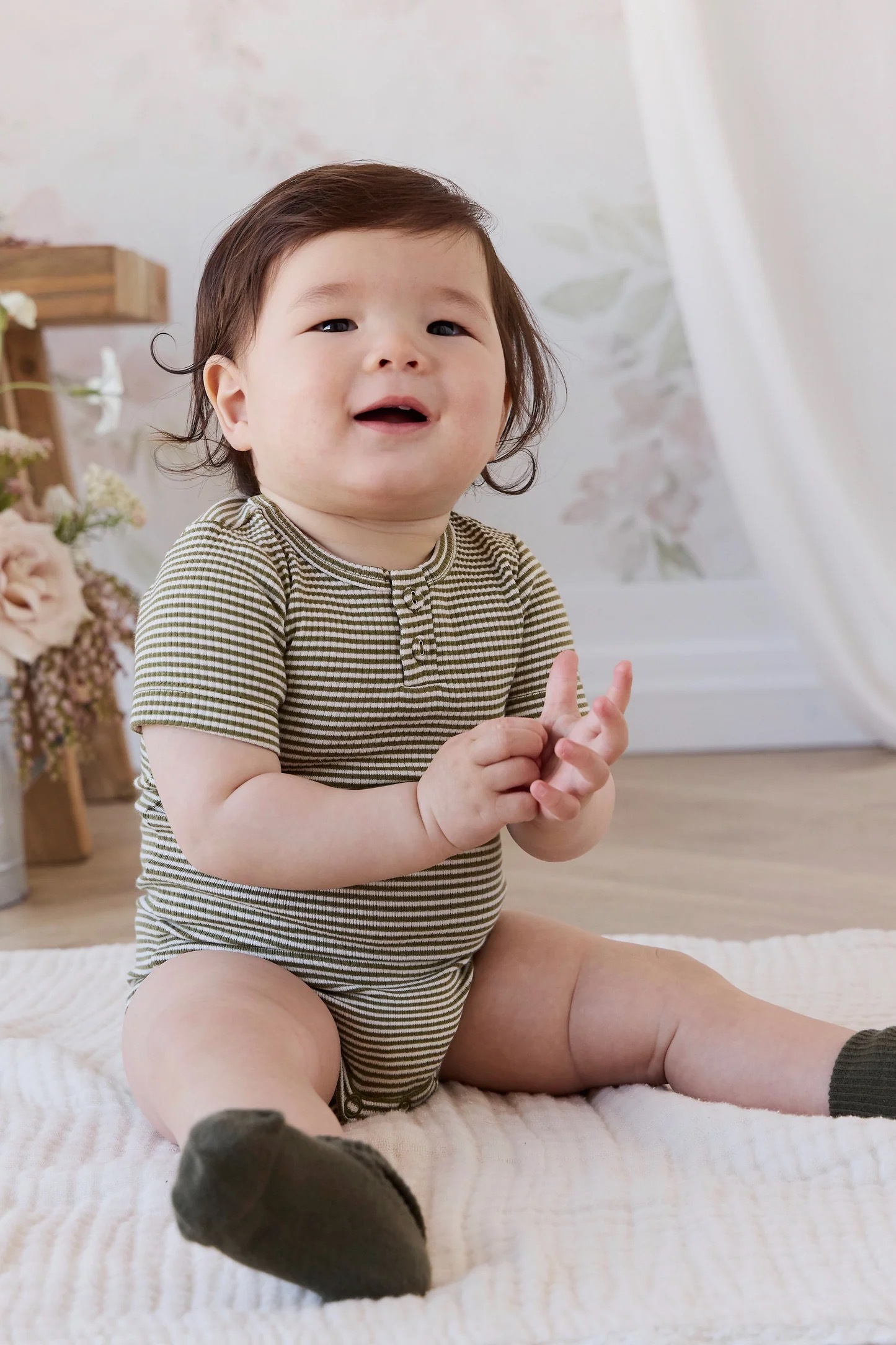 【預購】JAMIE KAY - Organic Cotton Modal Darcy Rib Tee Bodysuit（Petite Stripe Avocado Oil/Cloud）