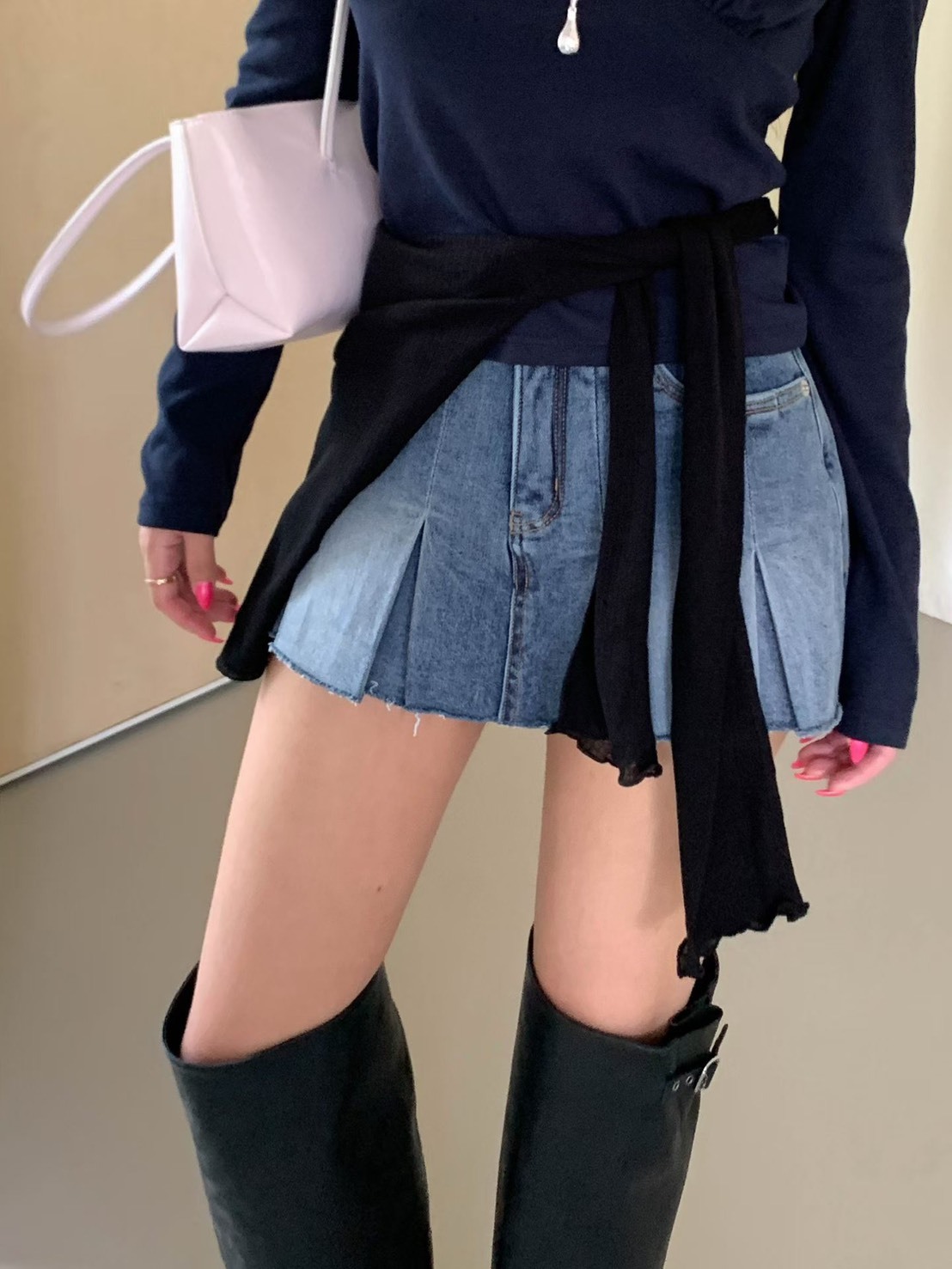 寬褶牛仔低腰褲裙