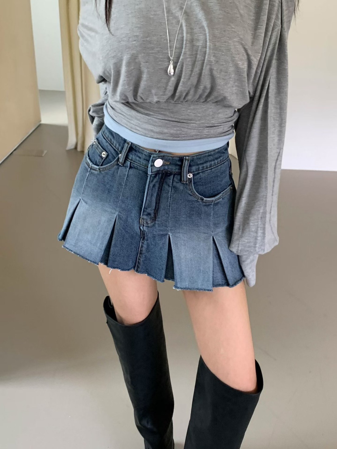寬褶牛仔低腰褲裙