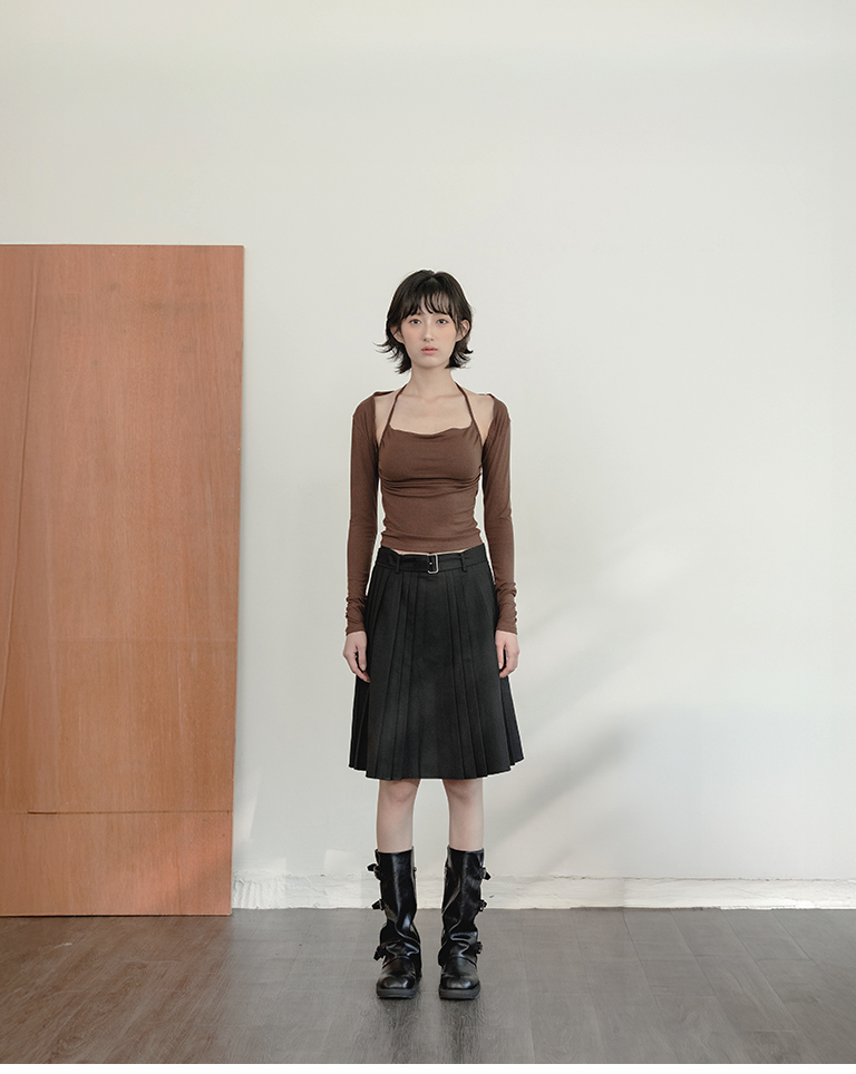 Textured Pleated Knee-Length Skirt with Belt - Black (S/M/L)【03010966】in stock+pre-order