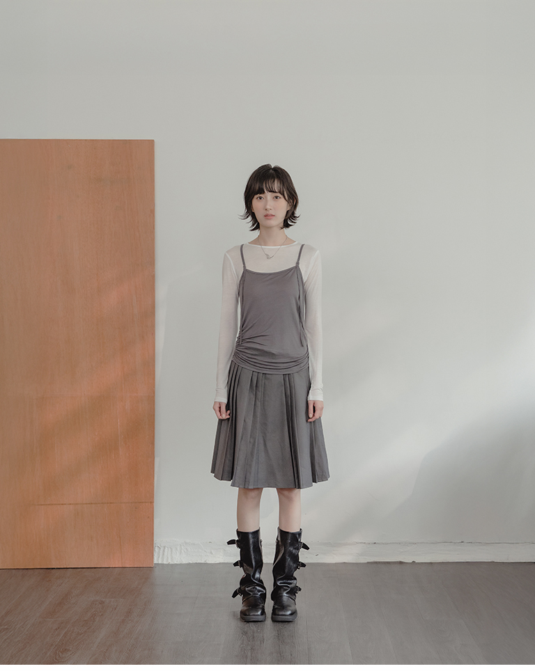 Textured Pleated Knee-Length Skirt with Belt - Gray (S/M/L)【03010967】in stock+pre-order