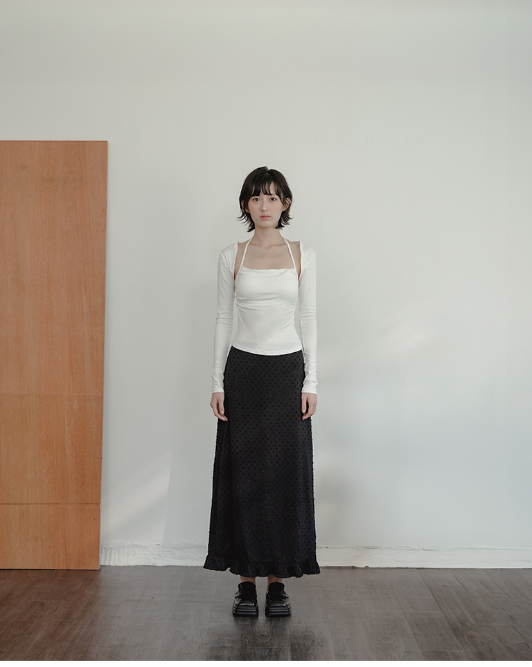 Lustrous Polka-Dot Velour Straight-Cut Maxi Skirt – Black (S/M)【03021788】in stock+pre-order