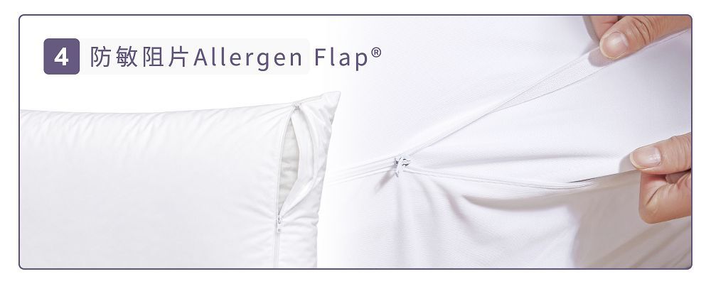 寢之堡防敏阻片Allergen Flap防蟎設計，封閉枕頭保潔墊拉鍊縫隙，減少過敏原與床蝨穿透