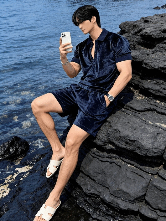 Velvet collar short-sleeved T-shirt and shorts