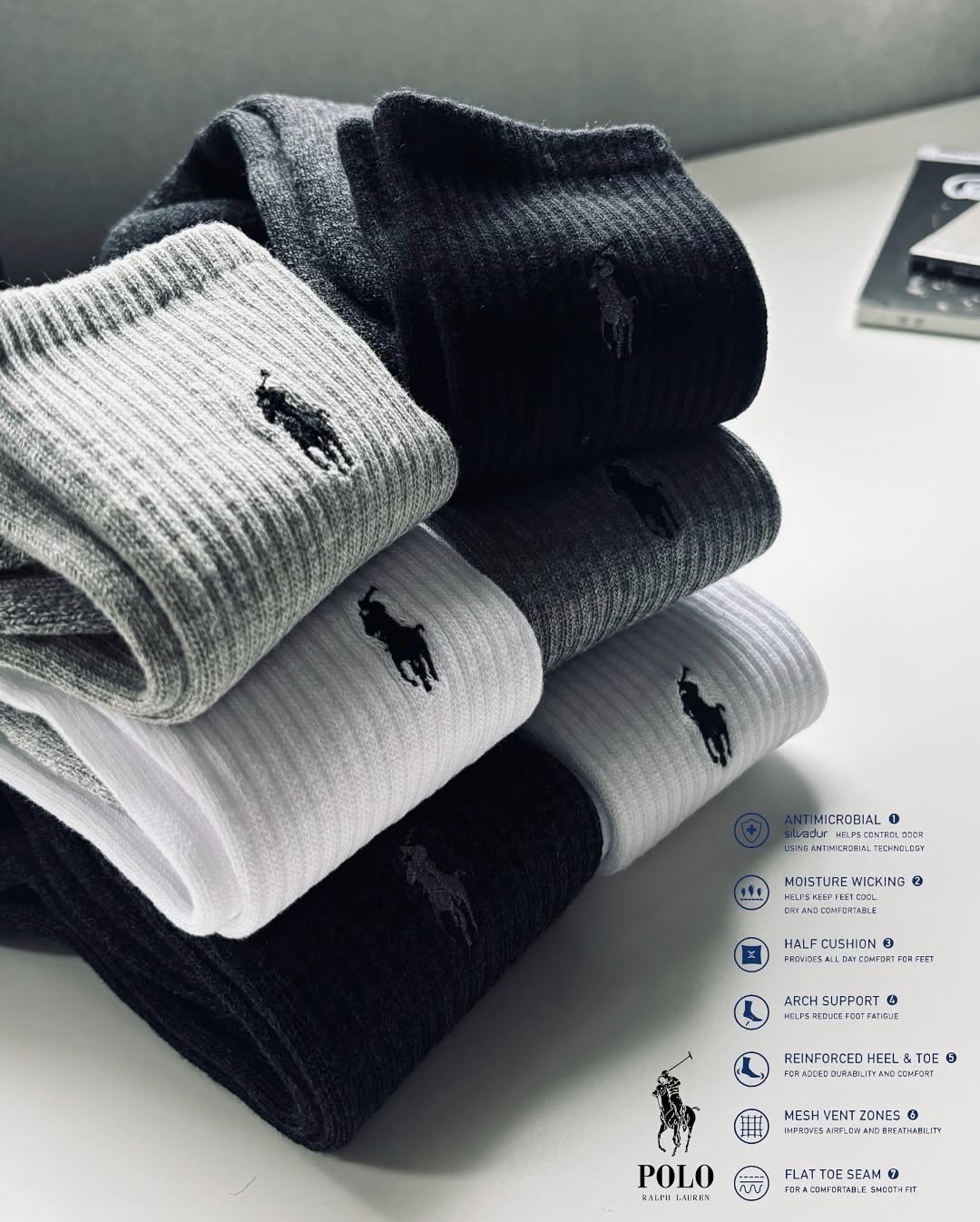 Polo Ralph Lauren 經典小馬刺繡 緩震童襪 6入組 |限時收單|