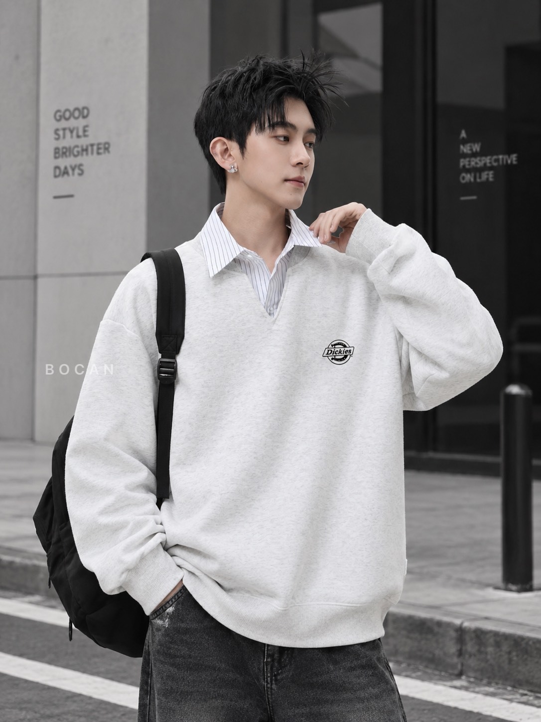 DICKIES 日系復古 CITYBOY 假兩件 條紋襯衫 拼接 長袖衛衣 二色