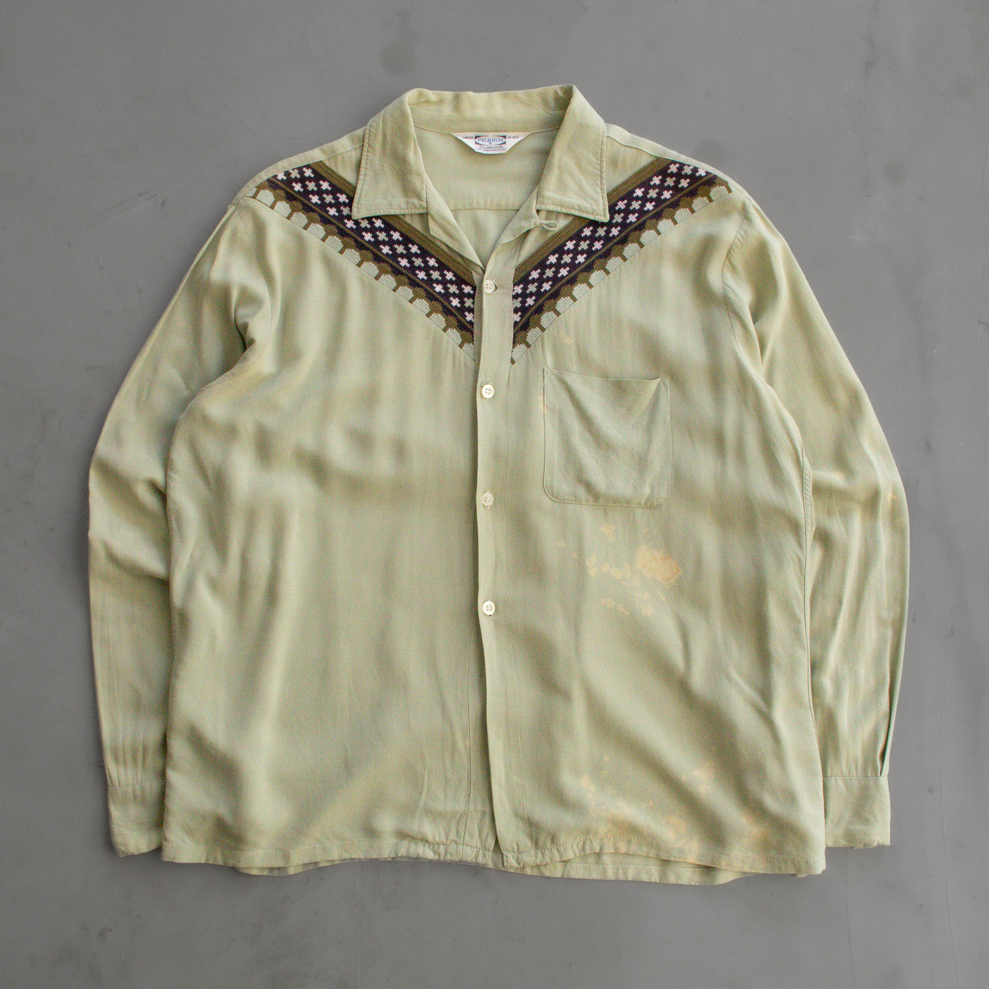 60S PILGRIM RAYON PATTERN SHIRT 美國製 淺綠 開領 嫘縈 織紋 長袖 襯衫