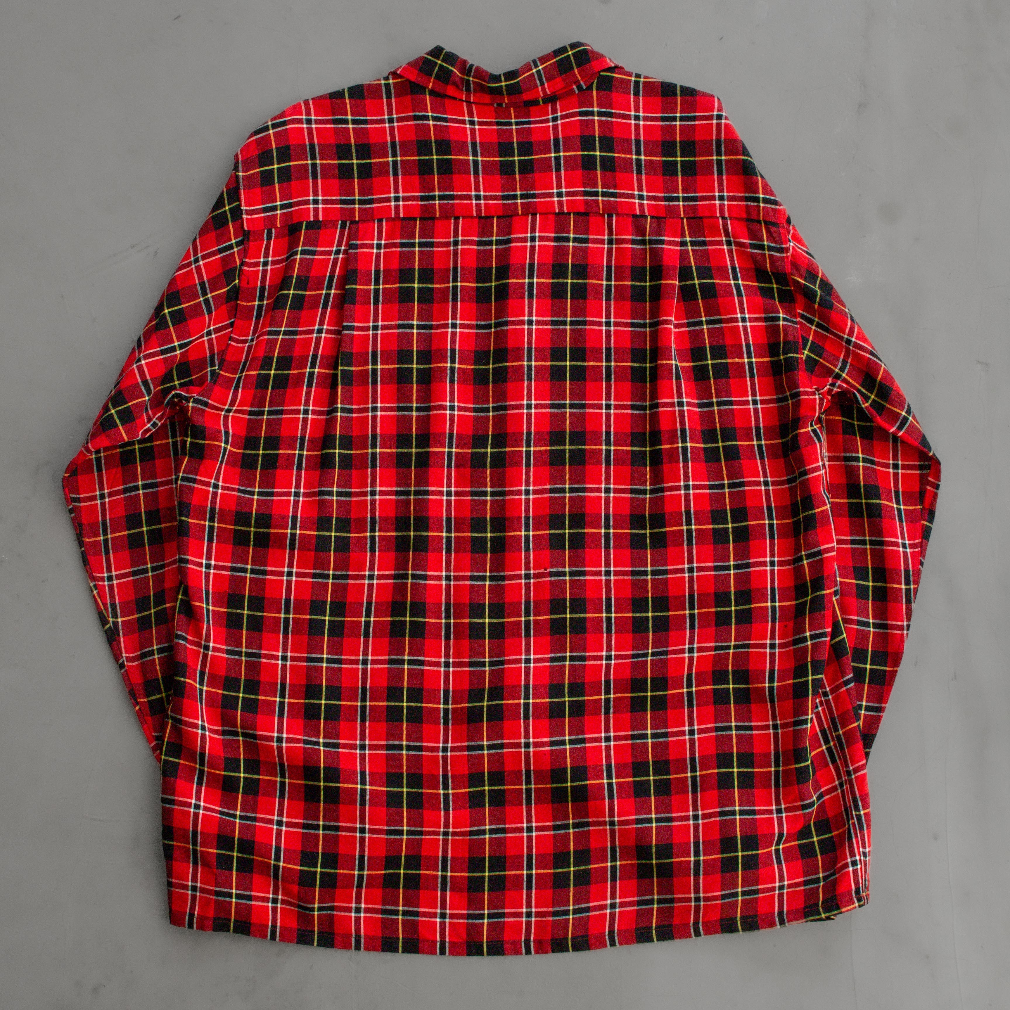 60S RAYON PLIAD OPEN SHIRT 美國 紅黑 格紋 開領 嫘縈 長袖 襯衫