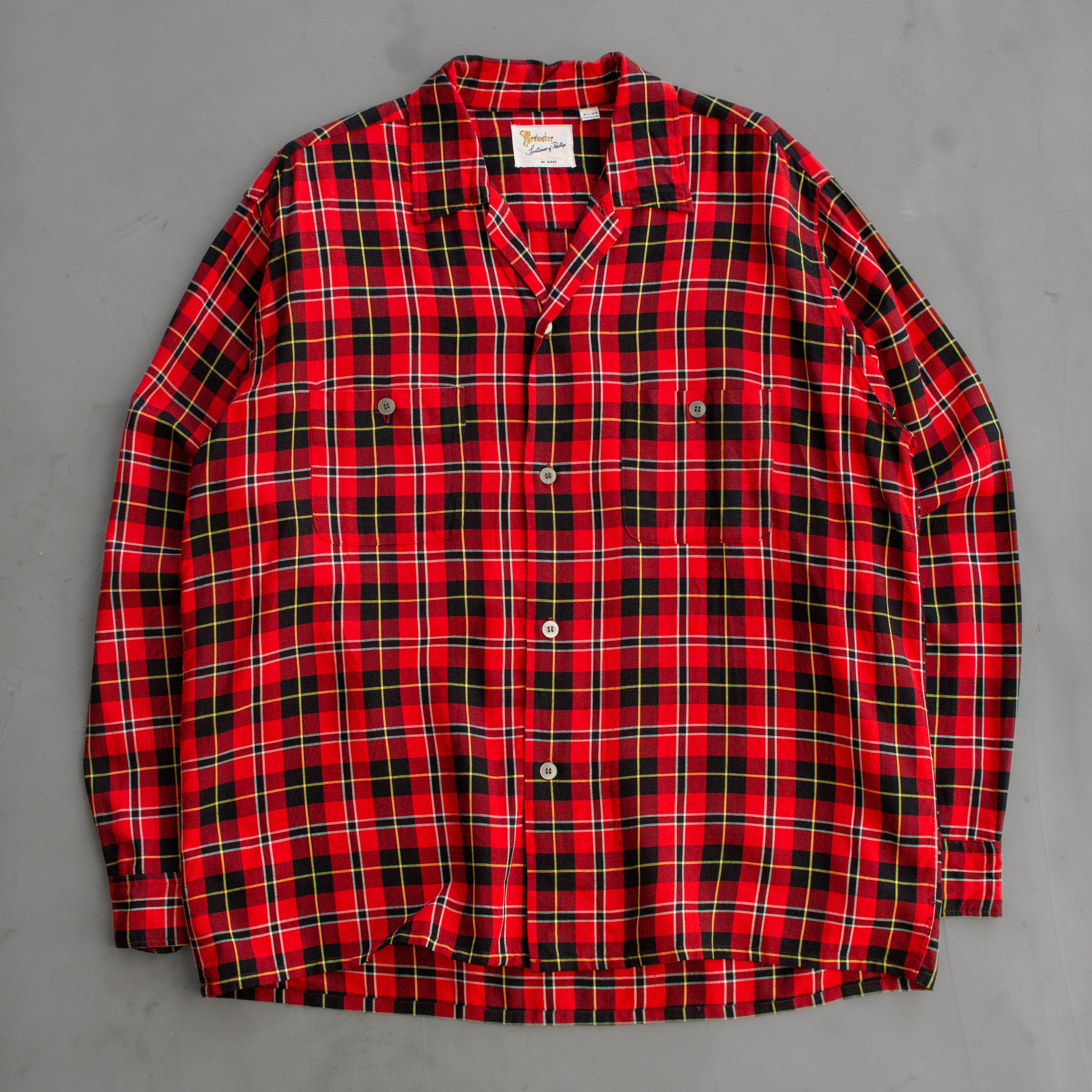 60S RAYON PLIAD OPEN SHIRT 美國 紅黑 格紋 開領 嫘縈 長袖 襯衫