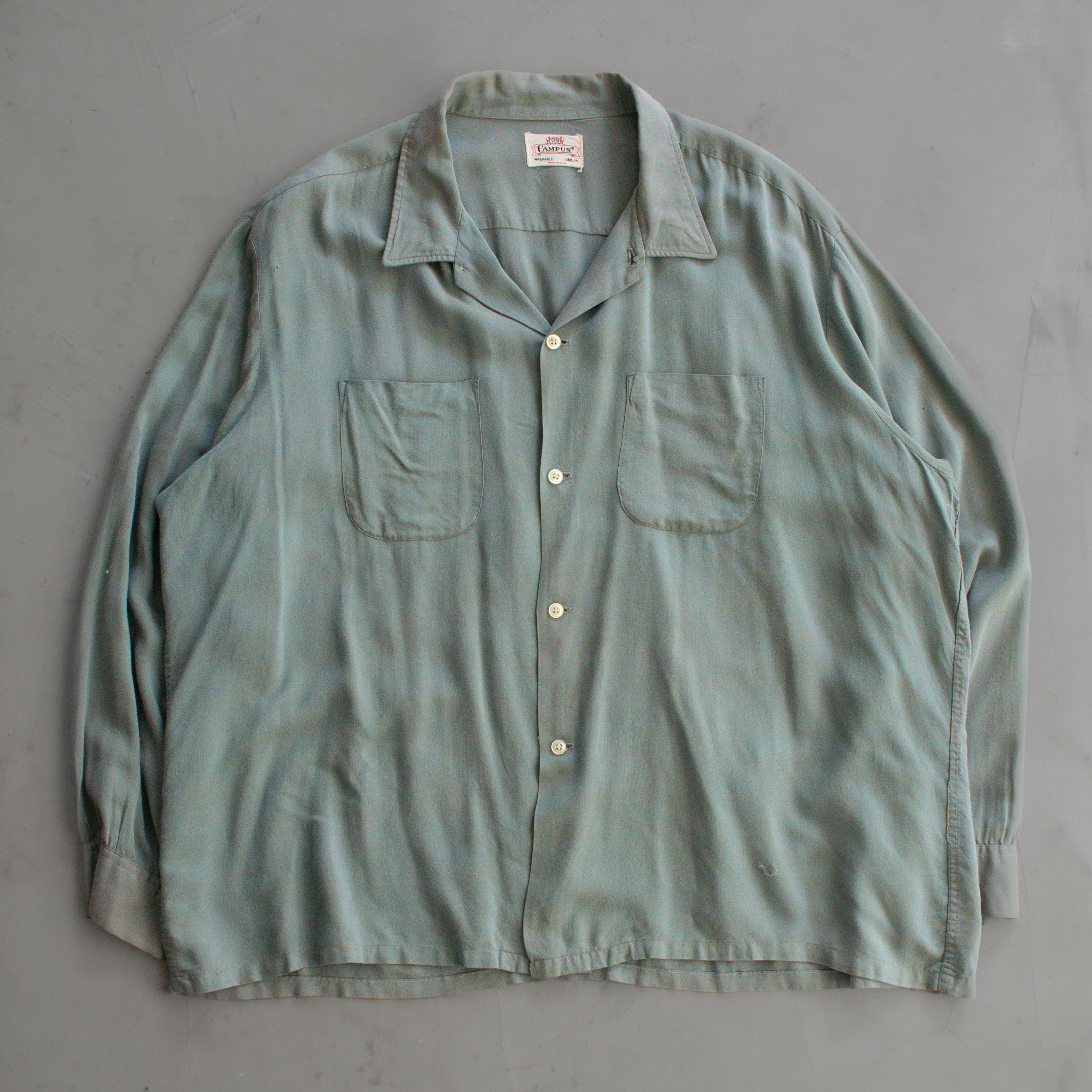 50S CAMPUS RAYON OPEN SHIRT 美國製 淺綠 開領 嫘縈 長袖 襯衫