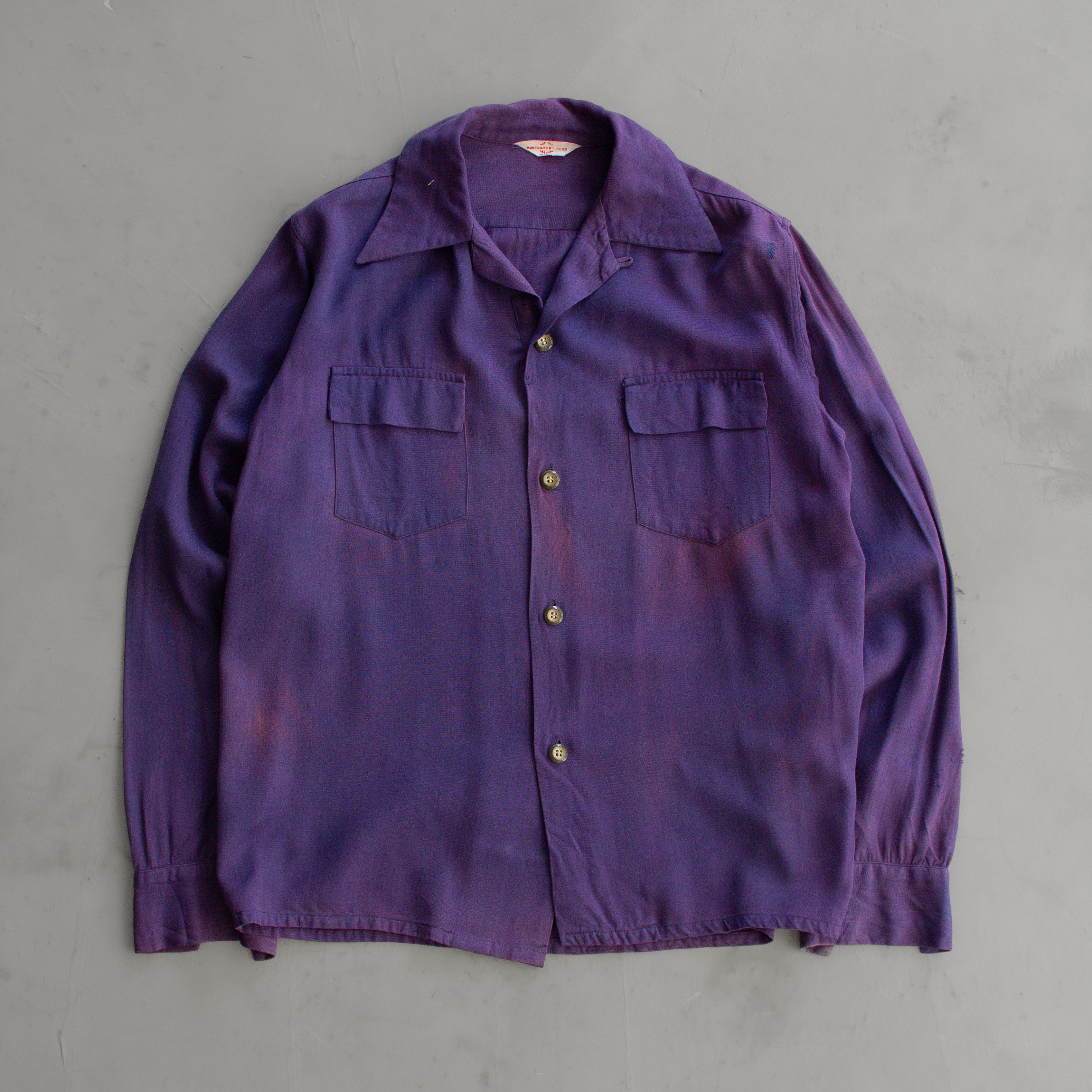 50S MONTGOMERY RAYON OPEN SHIRT 美國製 紫色 開領 嫘縈 長袖 襯衫
