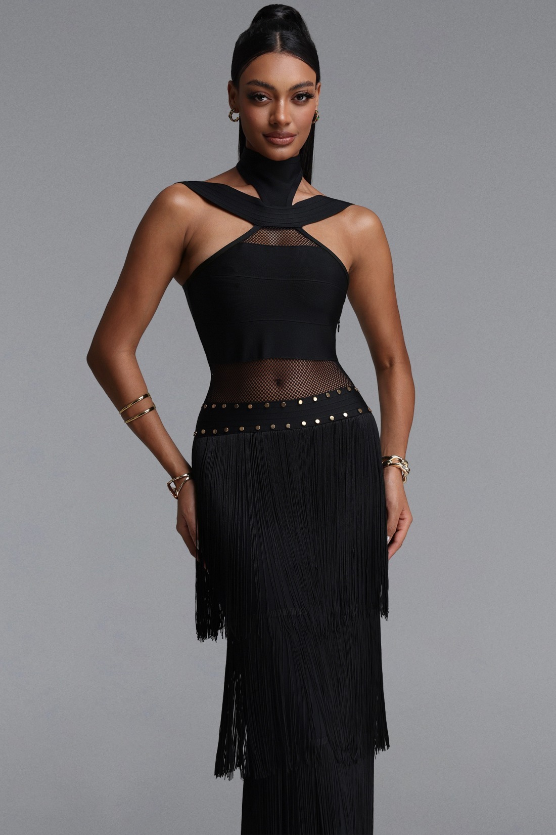 Hot Black黑色網紗亮片Cutout流蘇繃帶Dress
