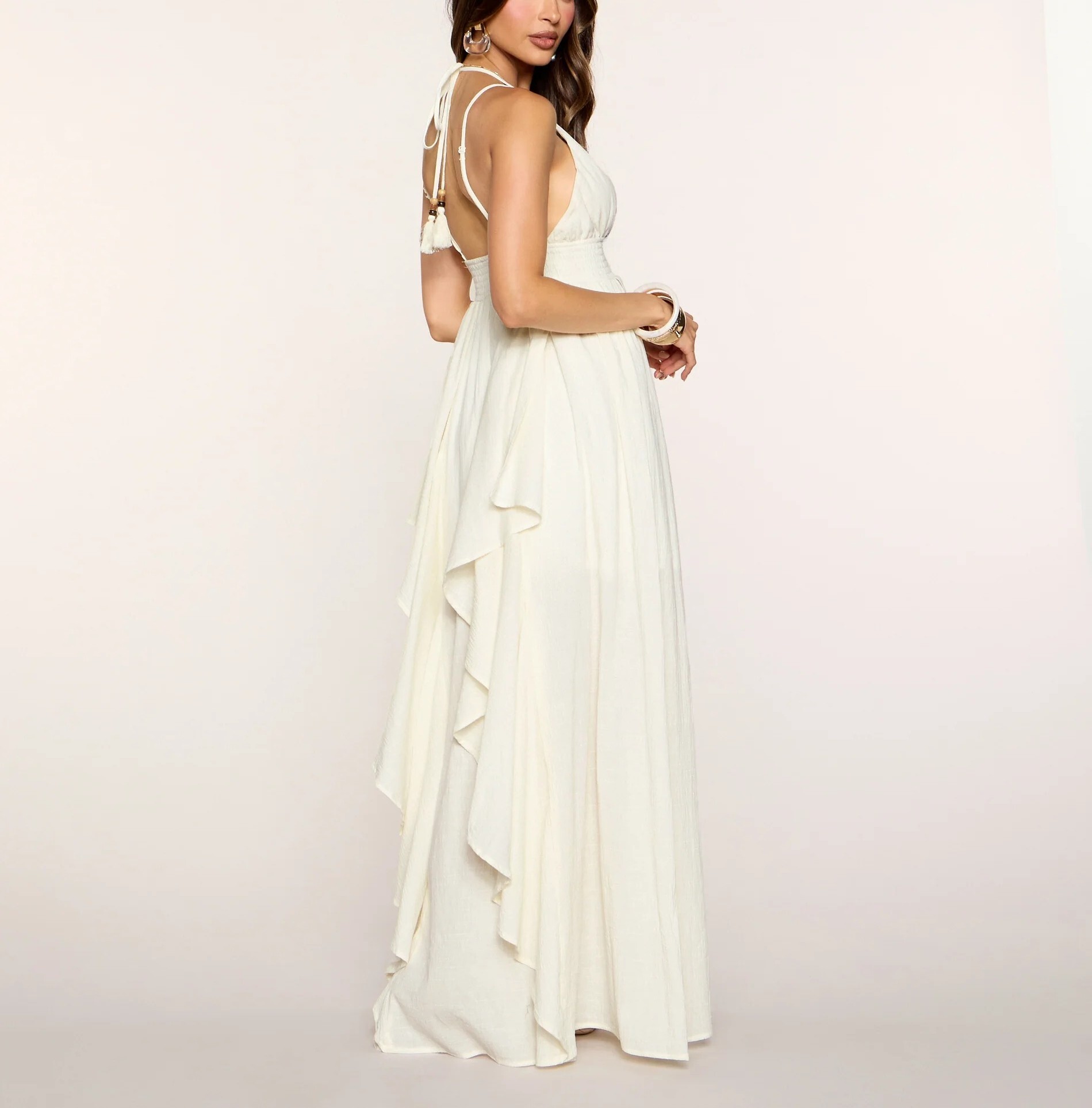 Ivory Night米白色深V領綁帶流蘇飾層次荷葉飾邊Dress