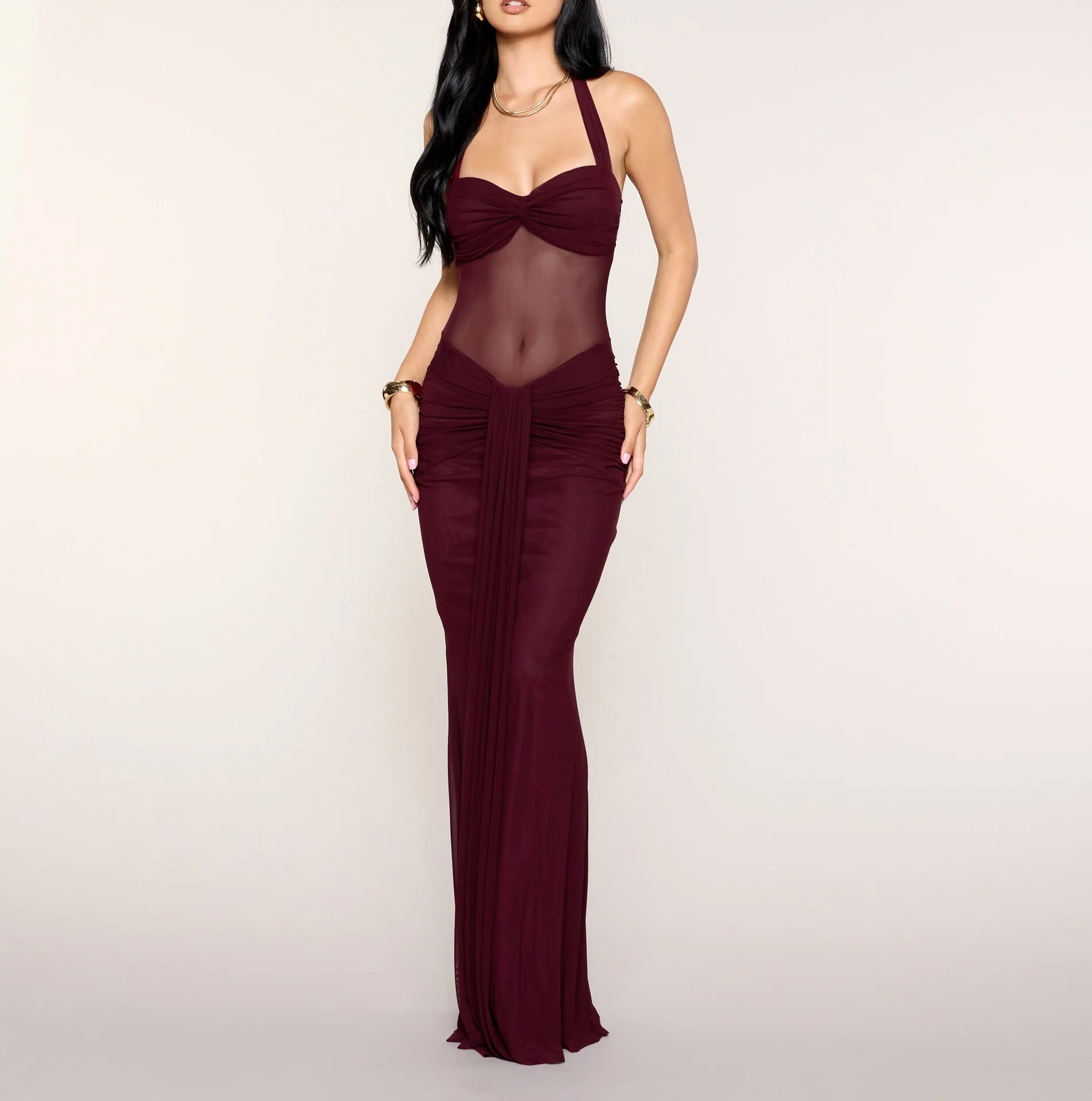 Wine深酒紅色透紗抓皺Mermaid Dress