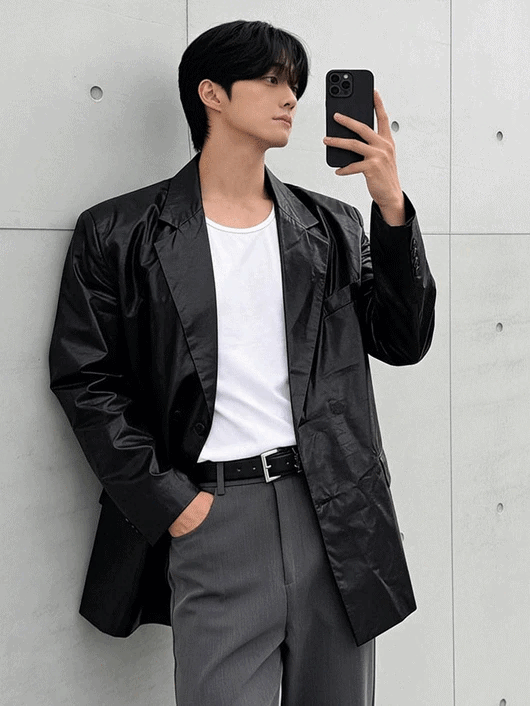 Metallic pleated leather suit jacket
