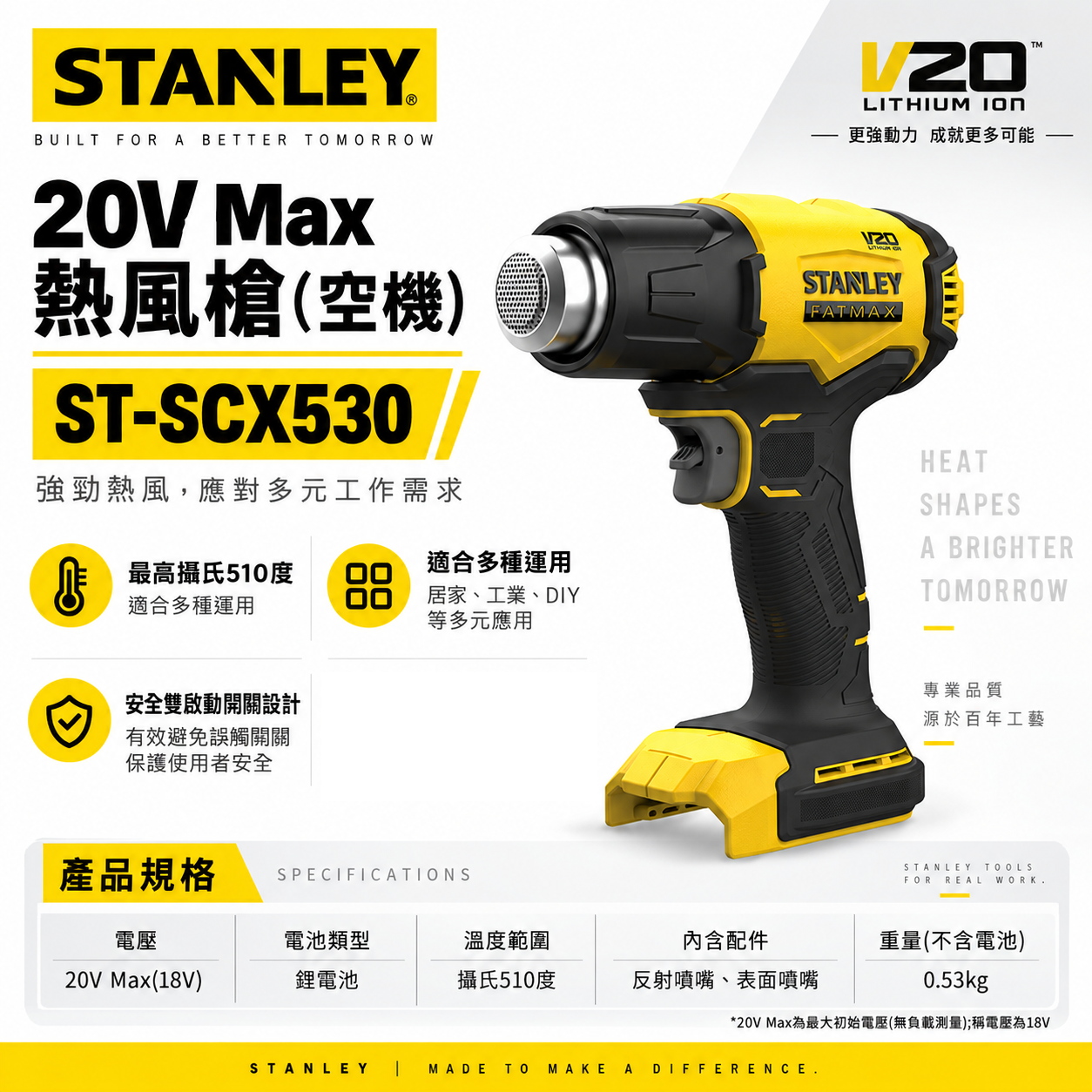 STANLEY 美國 史丹利｜20V 充電熱風槍 510度 充電式熱風機｜空機｜SCX530 SCX530N｜公司貨 SCX530B｜ST-SCX530