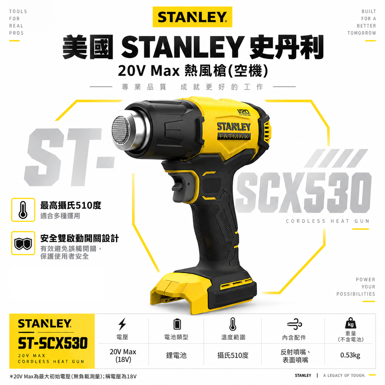 STANLEY 美國 史丹利｜20V 充電熱風槍 510度 充電式熱風機｜空機｜SCX530 SCX530N｜公司貨 SCX530B｜ST-SCX530