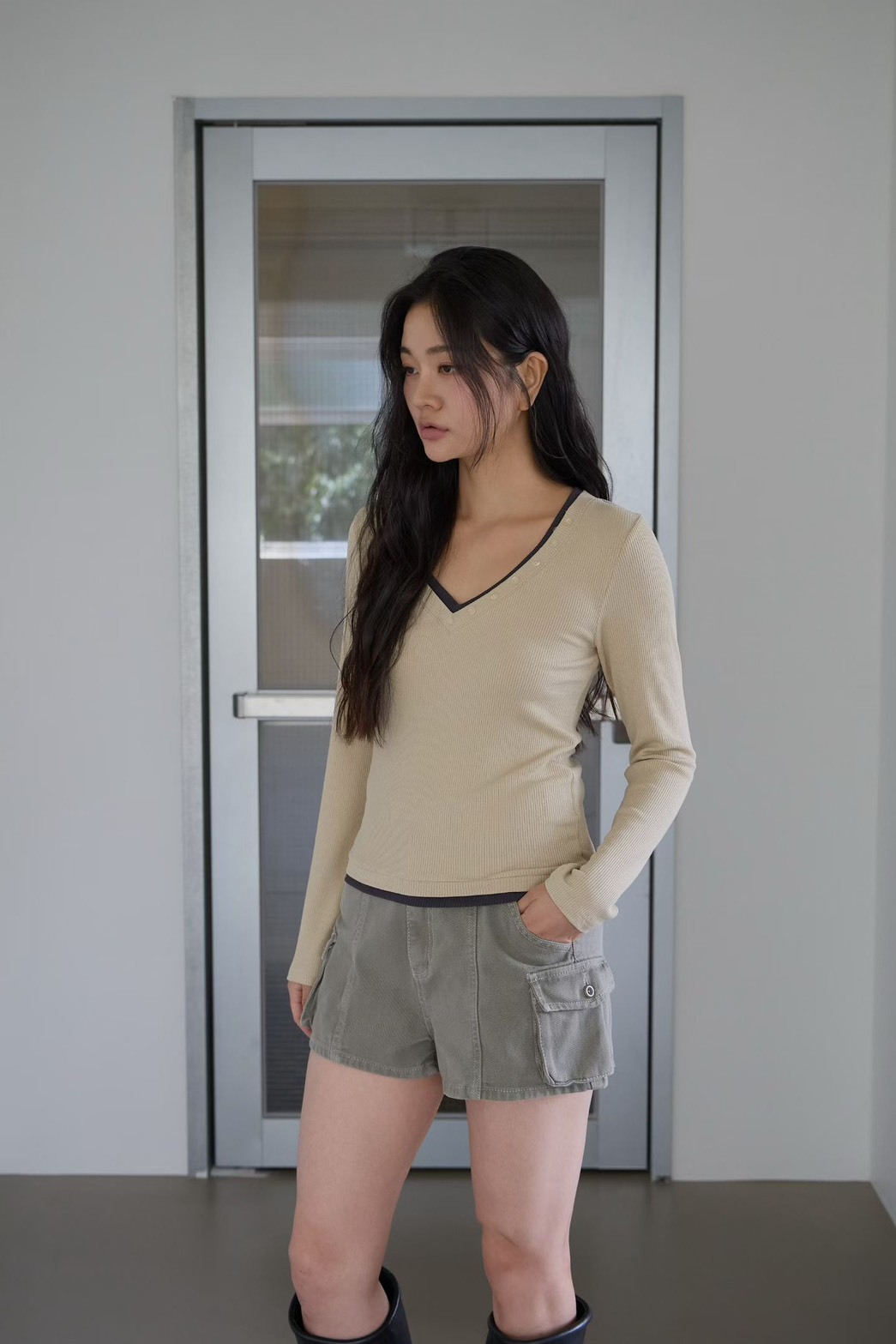 雙色V領長袖T