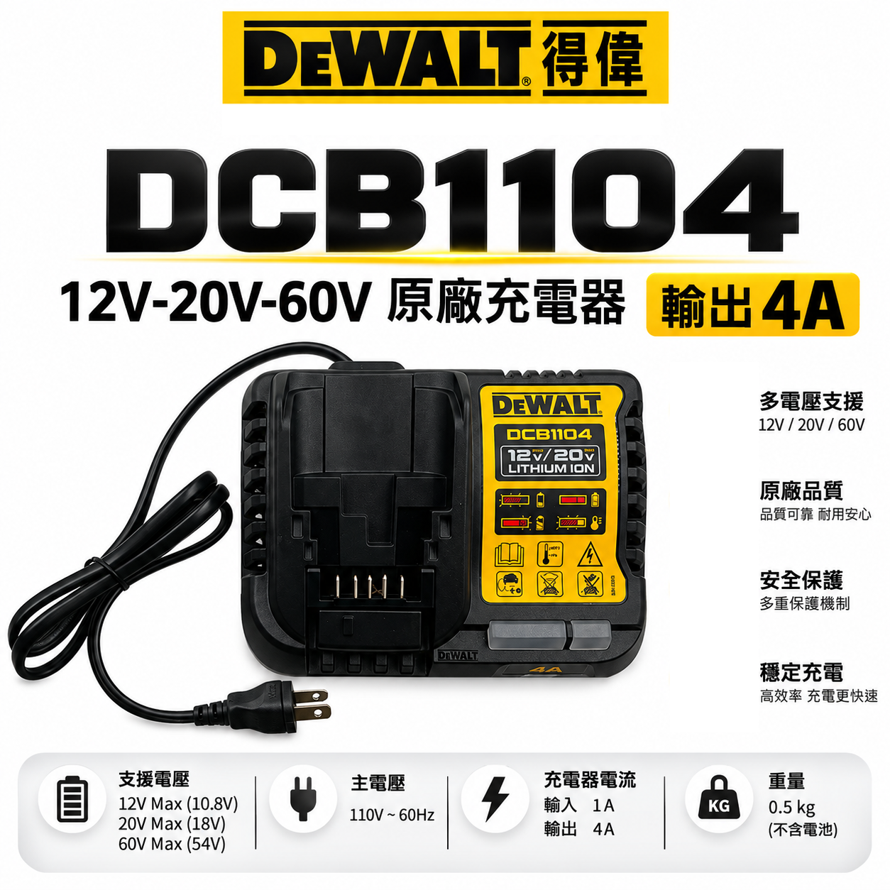 DEWALT 美國 得偉｜12V-20V-60V 原廠充電器 鋰電池用充電器｜輸出4.0A｜DCB1104｜公司貨