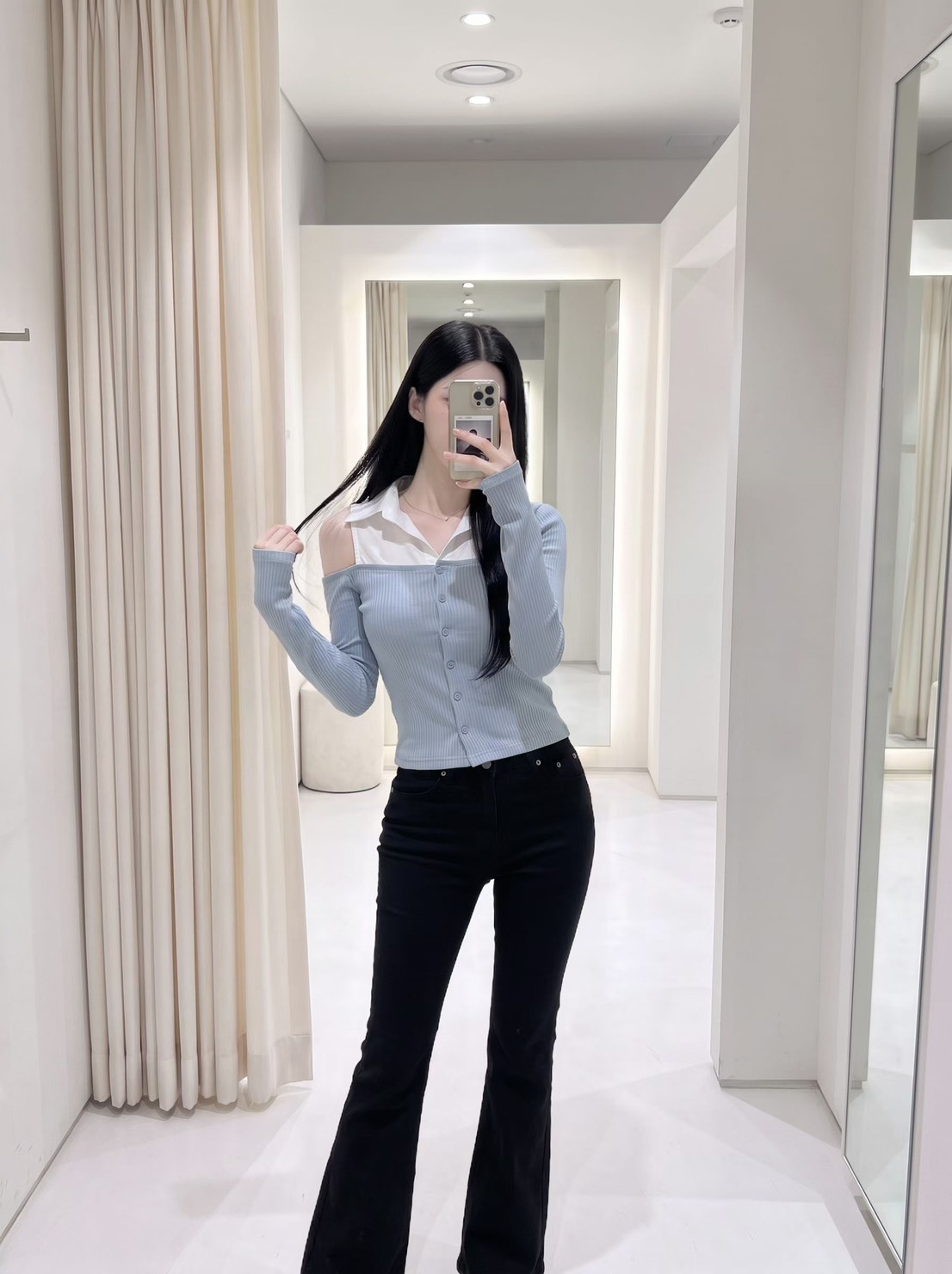 白襯衫領肩洞假兩件上衣