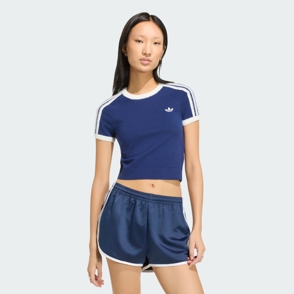Adidas 愛迪達 Knit Tee KW2606 女 T恤 運動上衣 休閒短袖 深藍 短版