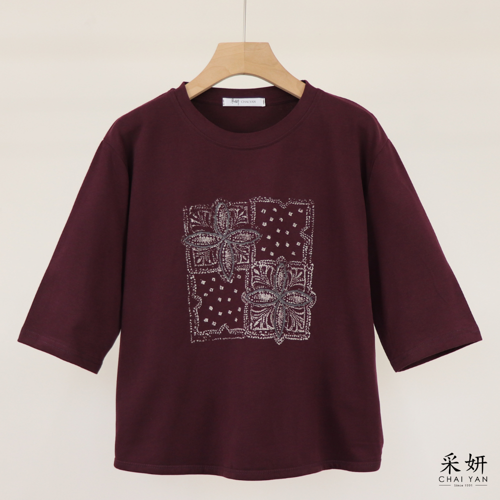 水彩花朵微絨感半袖上衣