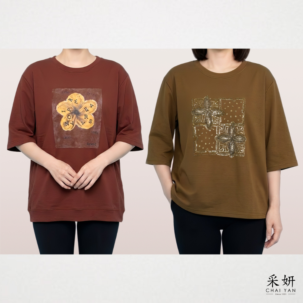 水彩花朵微絨感半袖上衣