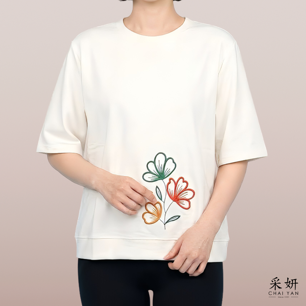 撞色花朵刺繡半袖上衣