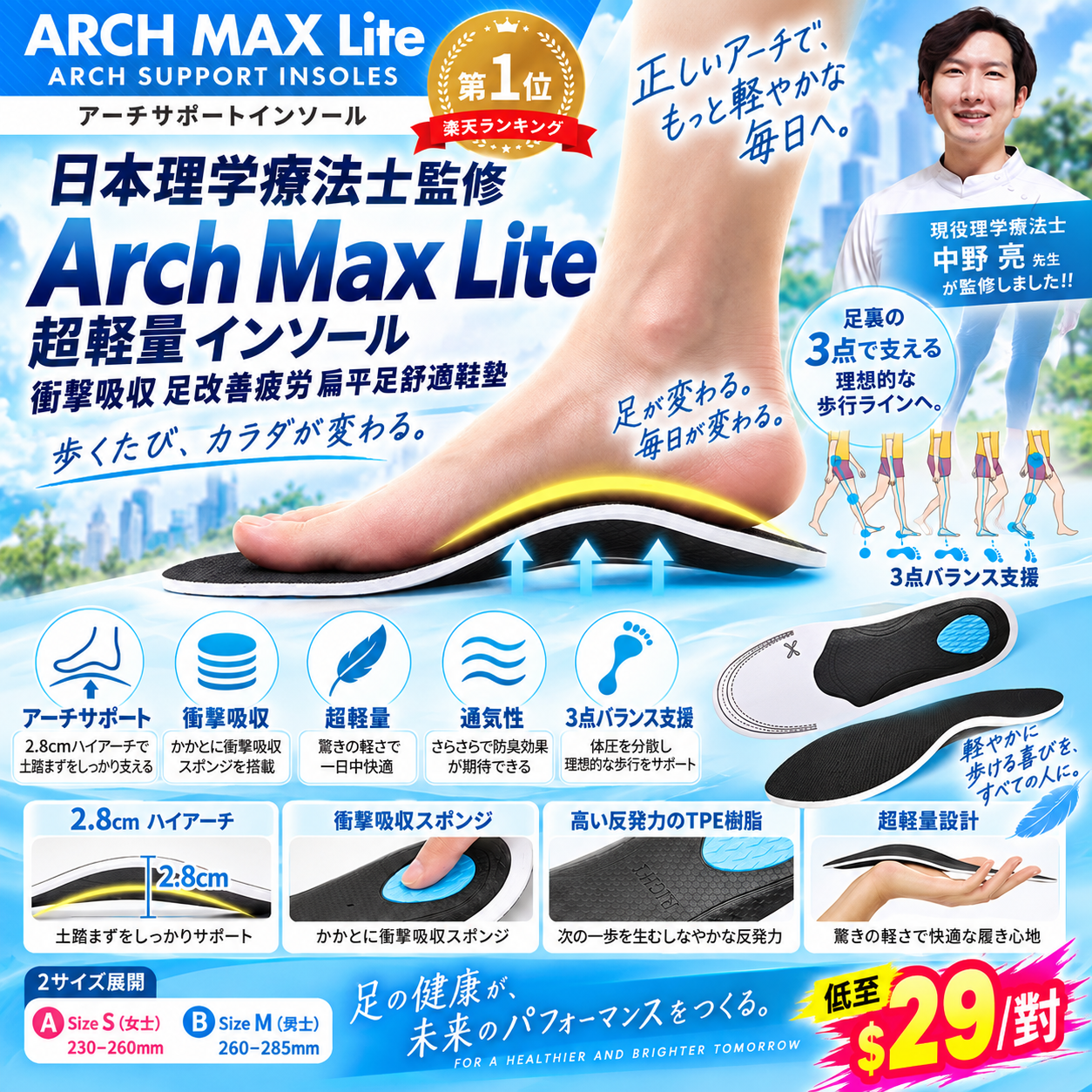 【UB10224】日本理学療法士監修Arch Max Lite超軽量インソール 衝撃吸収足改善疲勞扁平足舒適鞋墊