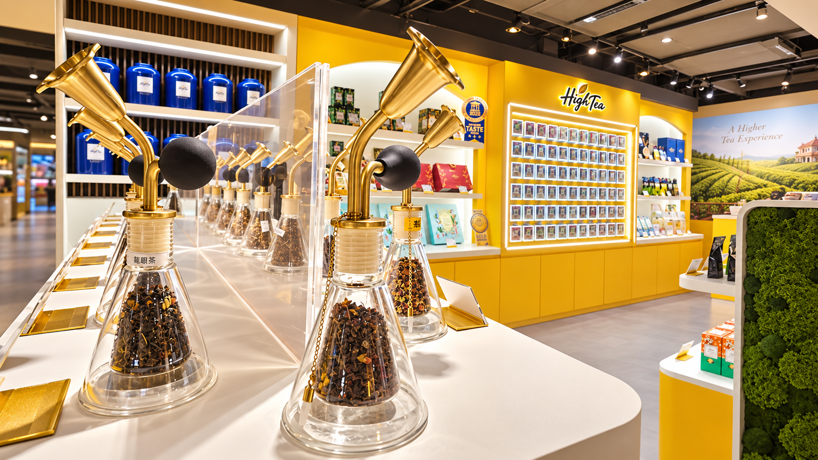 金色喇叭造型聞香器，透明瓶中展示不同茶葉