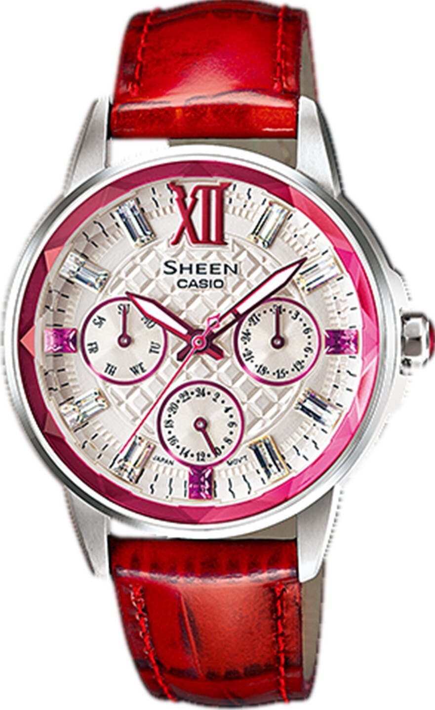 萬年鐘錶 - CASIO  卡西歐 Sheen 系列   璀璨華麗多角鏡面切割菱格紋皮革錶帶女錶 SHE-3029L-7A2  錶徑34.6MM