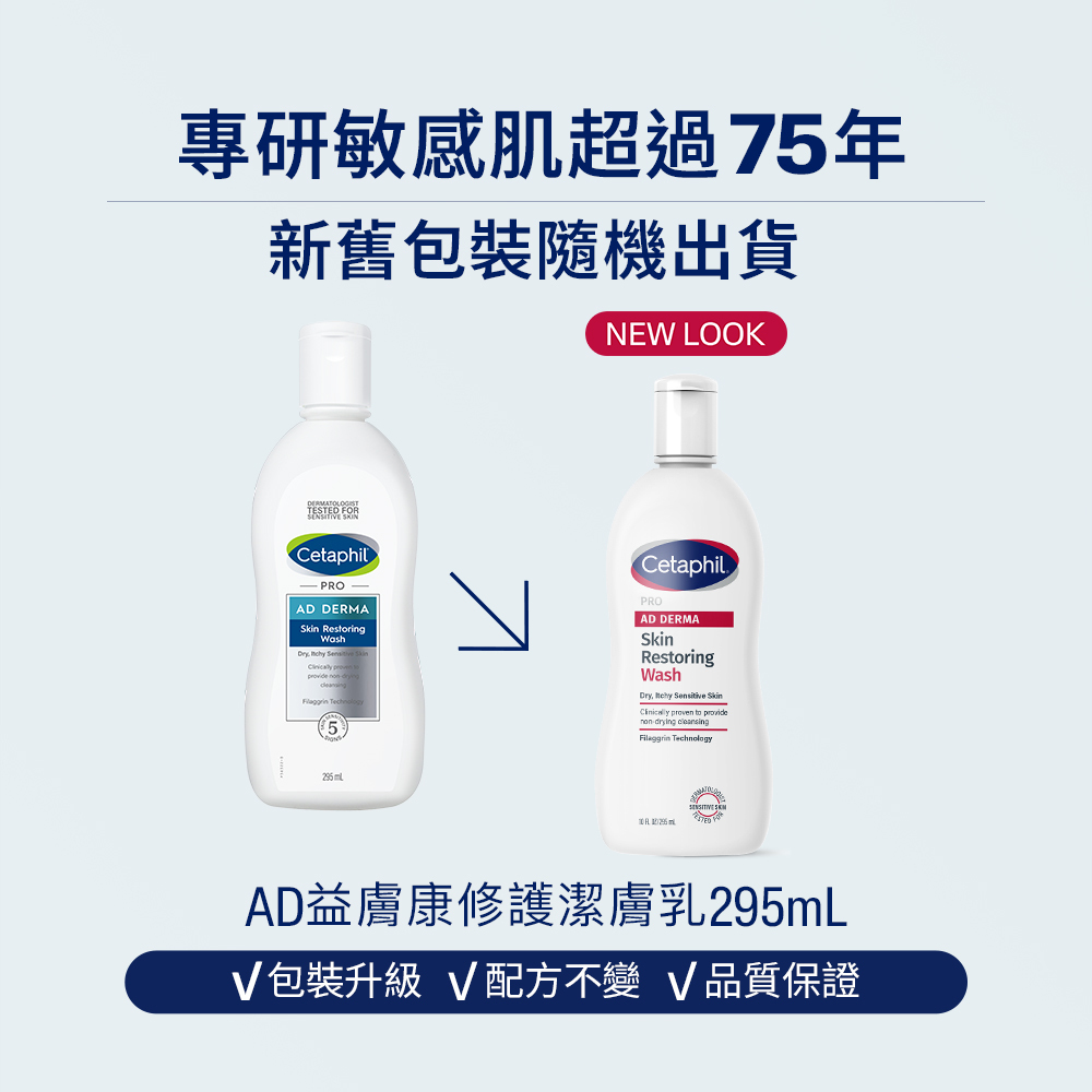 舒特膚專研敏感肌超過75年,AD益膚康修護潔膚乳295ml推出全新升級包裝,配方不變且品質保證,新舊包裝將隨機出貨。
