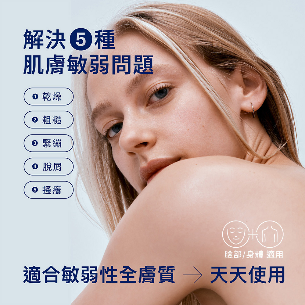 舒特膚適合敏弱性全膚質天天使用,臉部與身體皆適用,幫助改善乾燥、粗糙、緊繃、脫屑與因乾燥引起的搔癢等5大肌膚敏弱問題。