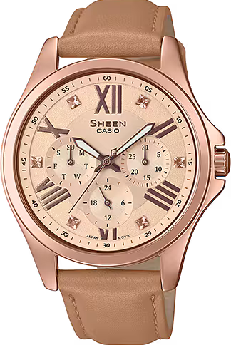 萬年鐘錶 - CASIO  卡西歐 Sheen 系列 優雅米色石英三眼面盤皮革錶帶女錶 SHE-3086GL-9 錶徑39.3MM